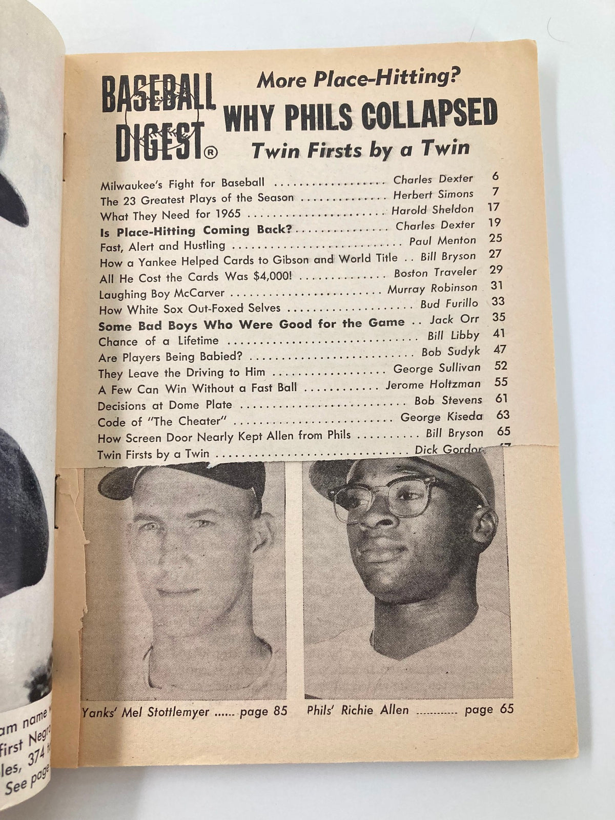 Interior page of Vintage Baseball Digest January 1965 showcasing the table of contents with articles about baseball history, featuring notable players and topics of the era.