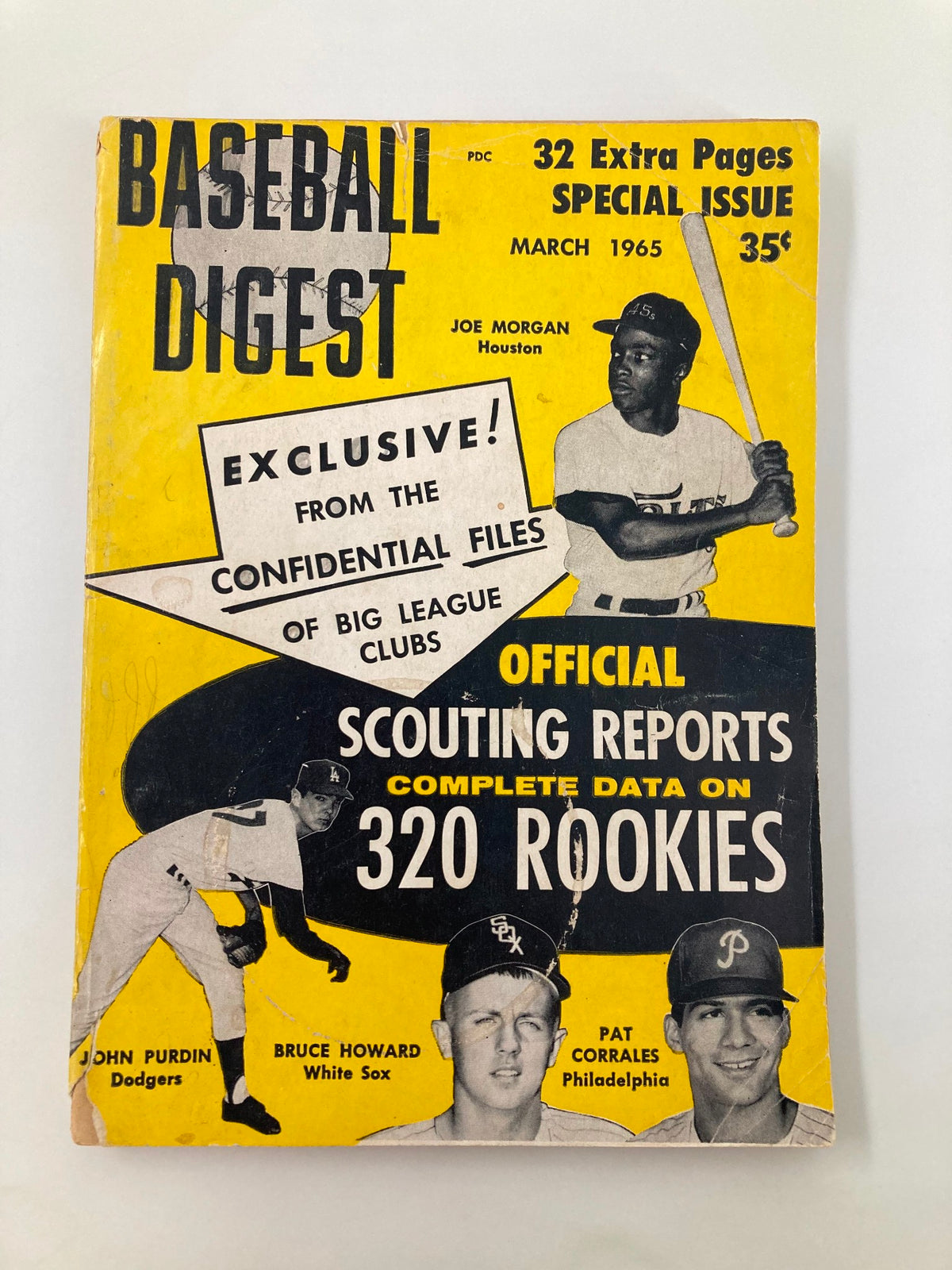 VTG Baseball Digest March 1965 featuring Joe Morgan on the cover, showcasing official scouting reports and player profiles, including John Purdin, Bruce Howard, and Pat Corrales. Vintage baseball magazine collectible.