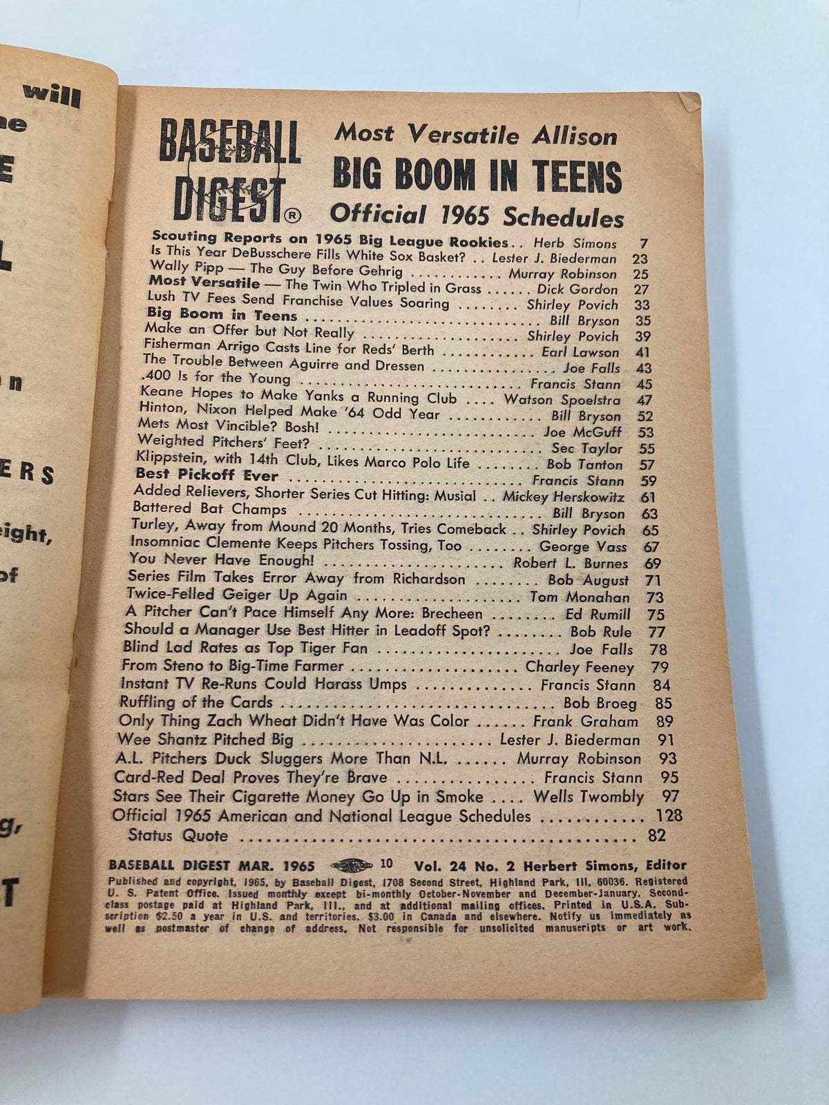Inside page of VTG Baseball Digest March 1965 displaying articles and content related to baseball rookies and official schedules.