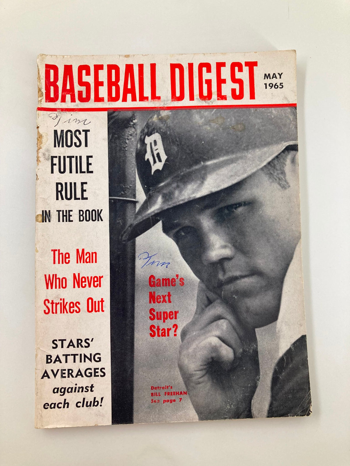Vintage Baseball Digest May 1965 featuring Detroit's Bill Freehan, showcasing cover details with the text 'Game's Next Super Star?' and articles on batting averages.