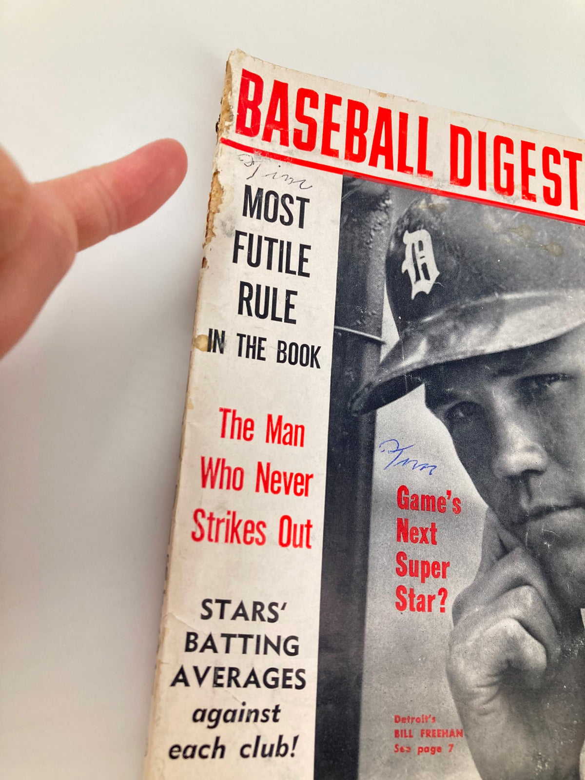 Close-up view of the Vintage Baseball Digest May 1965 cover, highlighting Bill Freehan with key phrases about baseball statistics and the most futile rule.