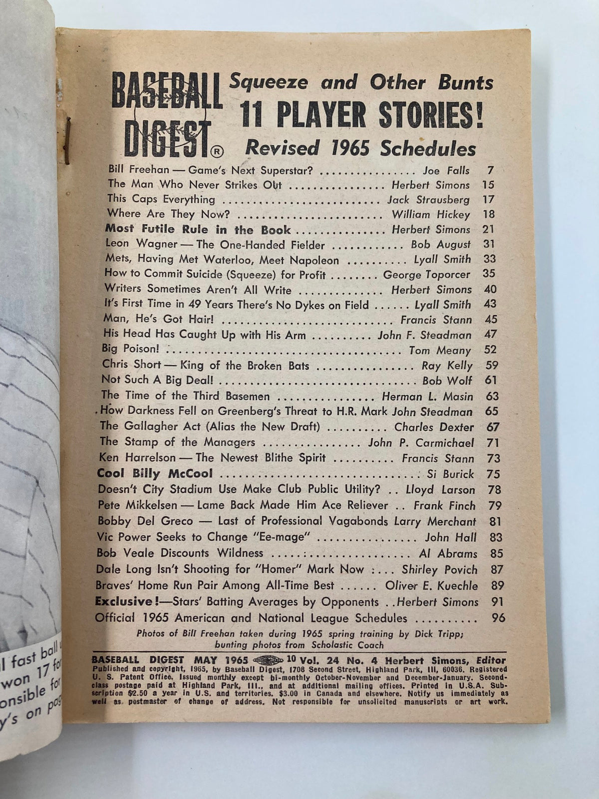 Inside page of VTG Baseball Digest May 1965 showcasing a table of contents with notable player stories and articles, highlighting Bill Freehan's prominence.