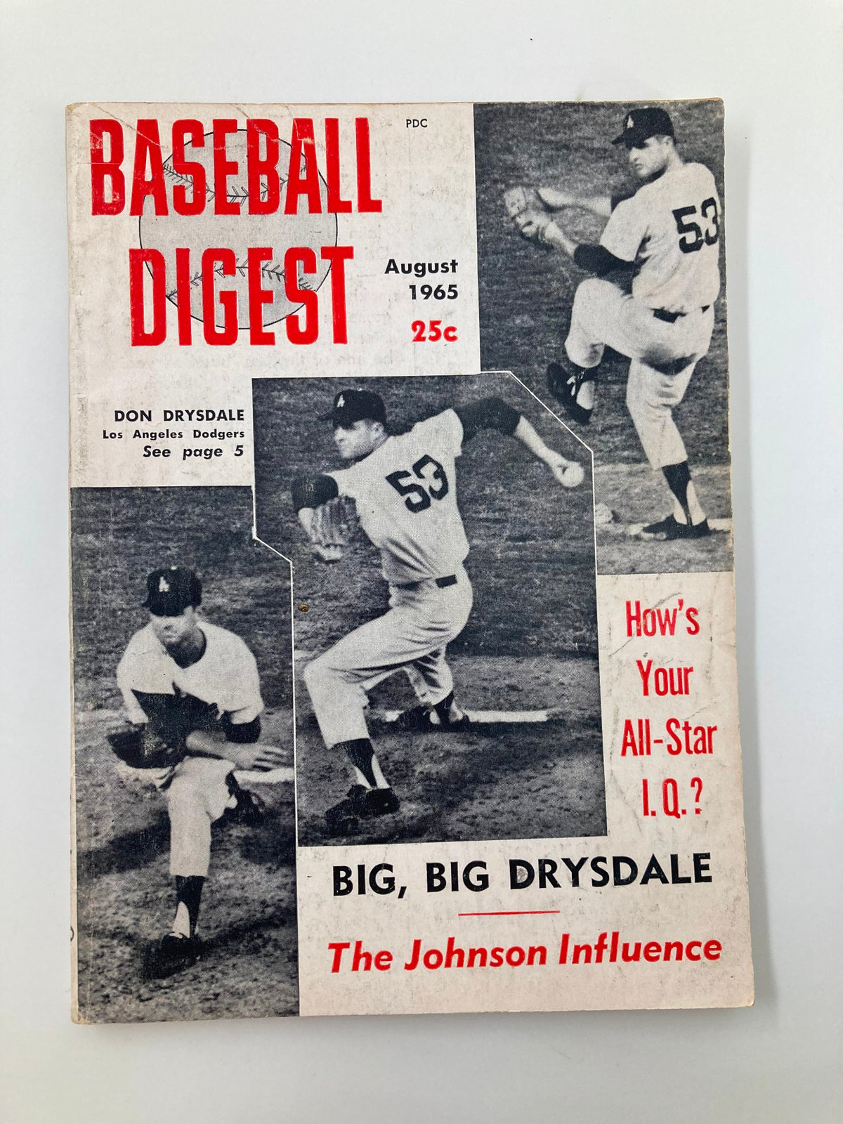 VTG Baseball Digest August 1965 featuring Don Drysdale on the cover, showcasing his iconic pitching pose with bold graphics and headlines highlighting the Los Angeles Dodgers and the Johnson Influence.