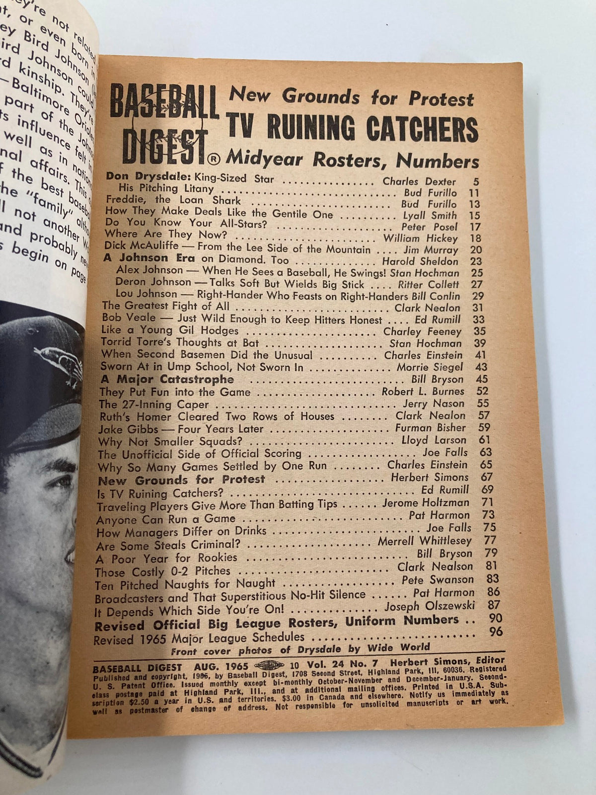 Inside page of VTG Baseball Digest August 1965 featuring Don Drysdale of the Los Angeles Dodgers with article listings and highlights from the issue.