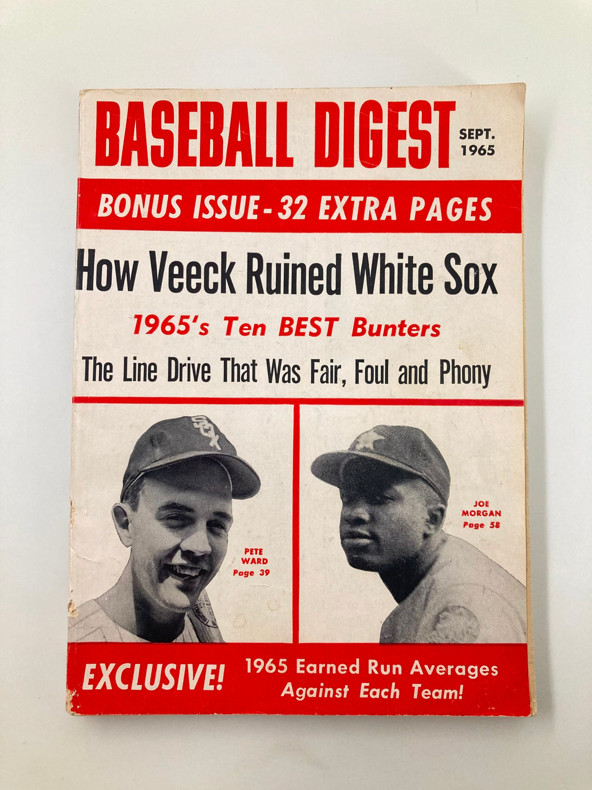 VTG Baseball Digest September 1965 featuring Pete Ward and Joe Morgan on the cover, discussing how Veeck ruined the White Sox and highlighting the best bunters of 1965.