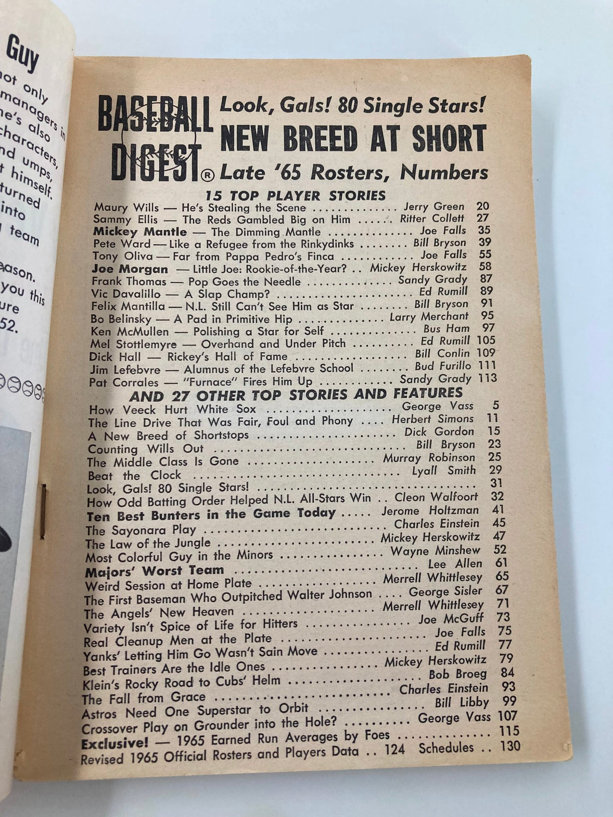 Inside page of VTG Baseball Digest September 1965 displaying top player stories and late 1965 rosters.