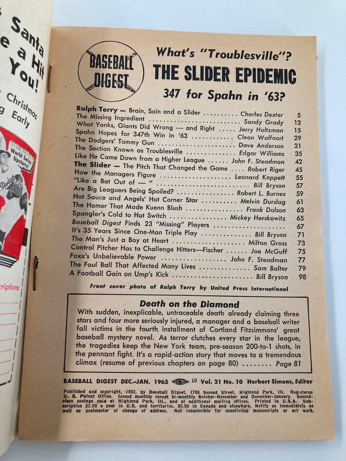 Interior page of VTG Baseball Digest January 1963, displaying the table of contents and articles related to baseball history.
