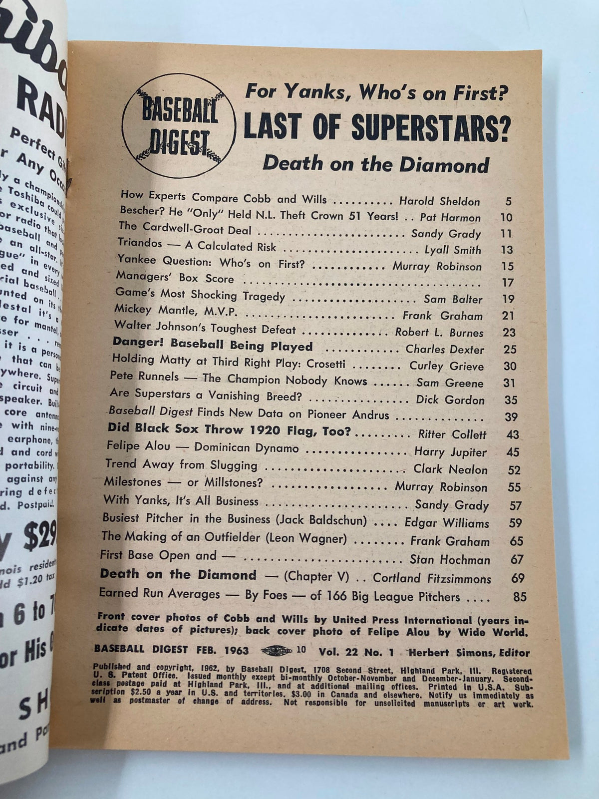 Interior page of VTG Baseball Digest February 1963 displaying the table of contents, detailing articles including comparisons of baseball legends Ty Cobb and Maury Wills.
