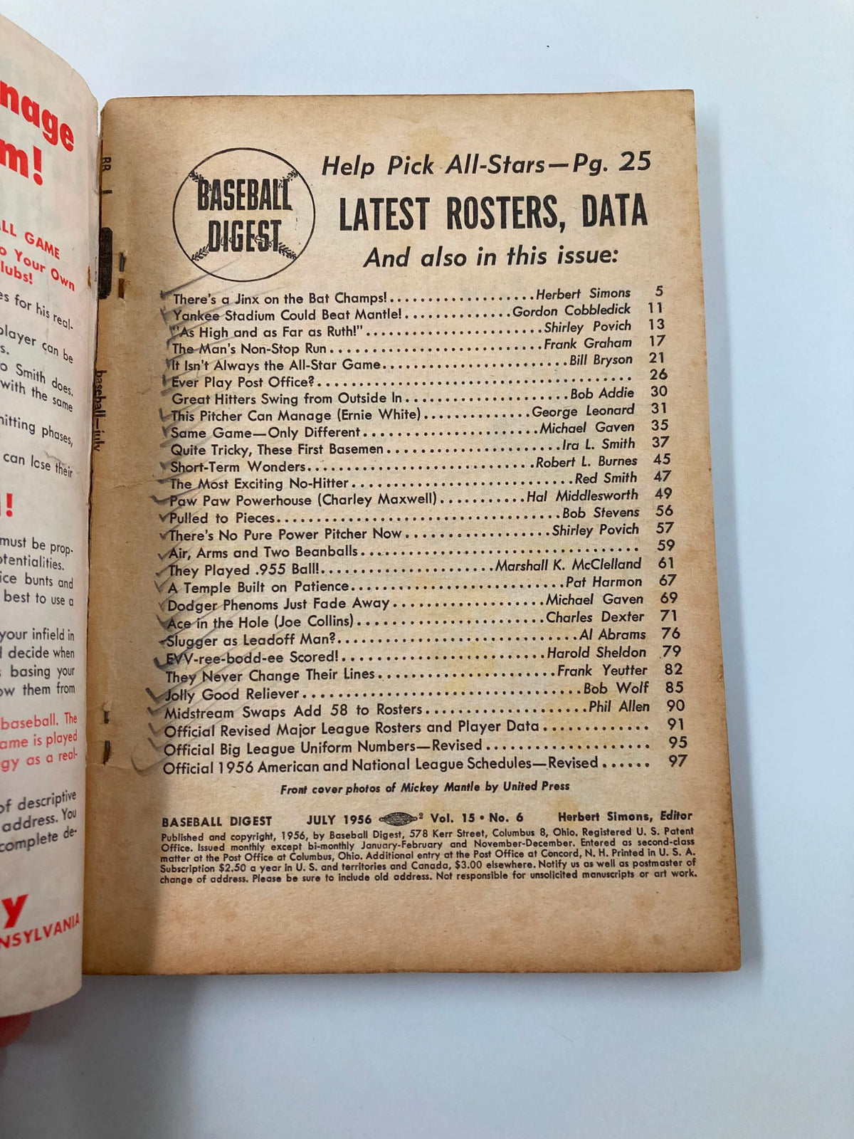 Vintage Baseball Digest July 1956 Mickey Mantle New York Yankees No Label