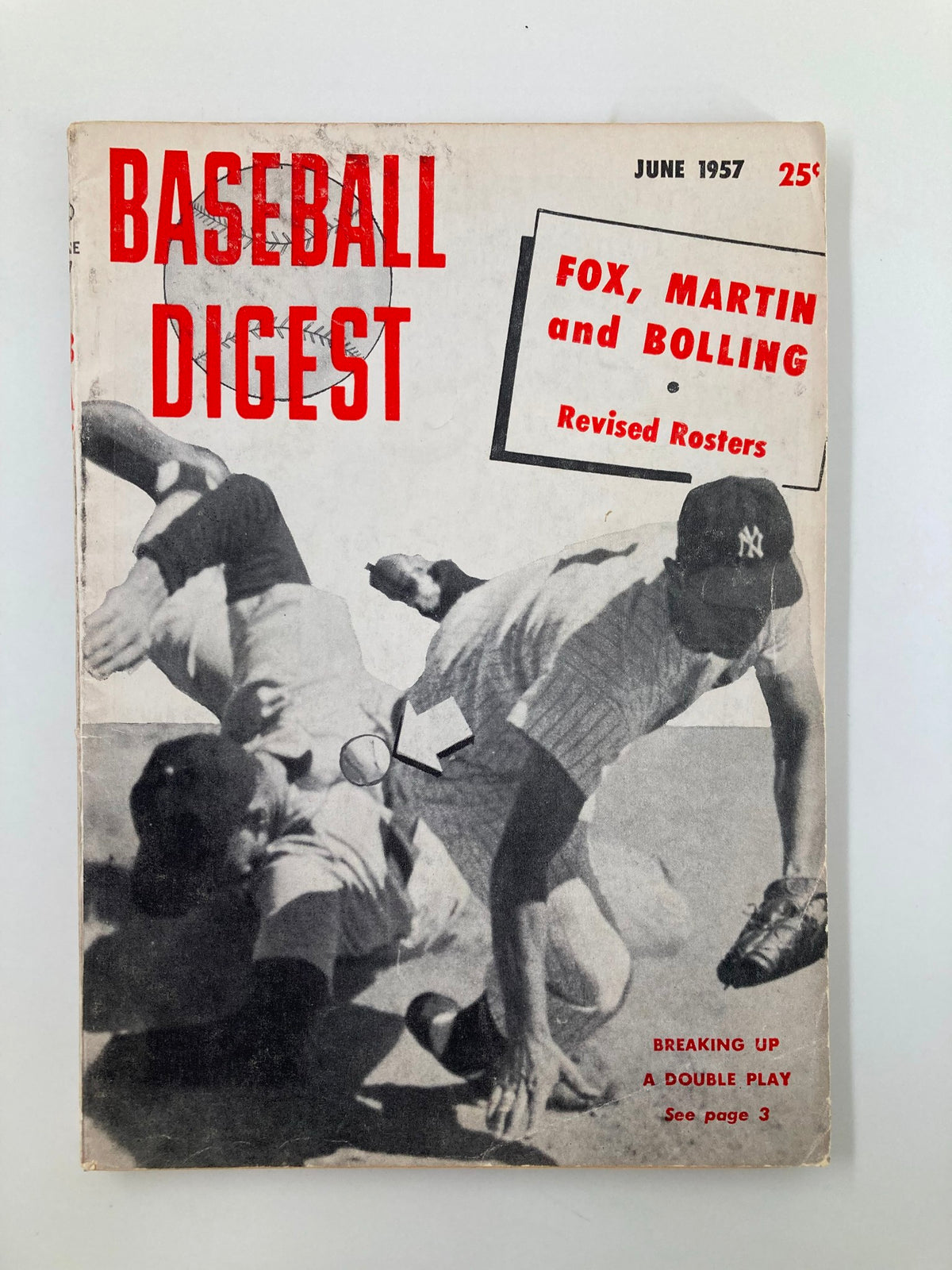 Cover of VTG Baseball Digest June 1957 featuring Fox, Martin and Bolling with a headline about revised rosters, showcasing a depiction of players breaking up a double play.