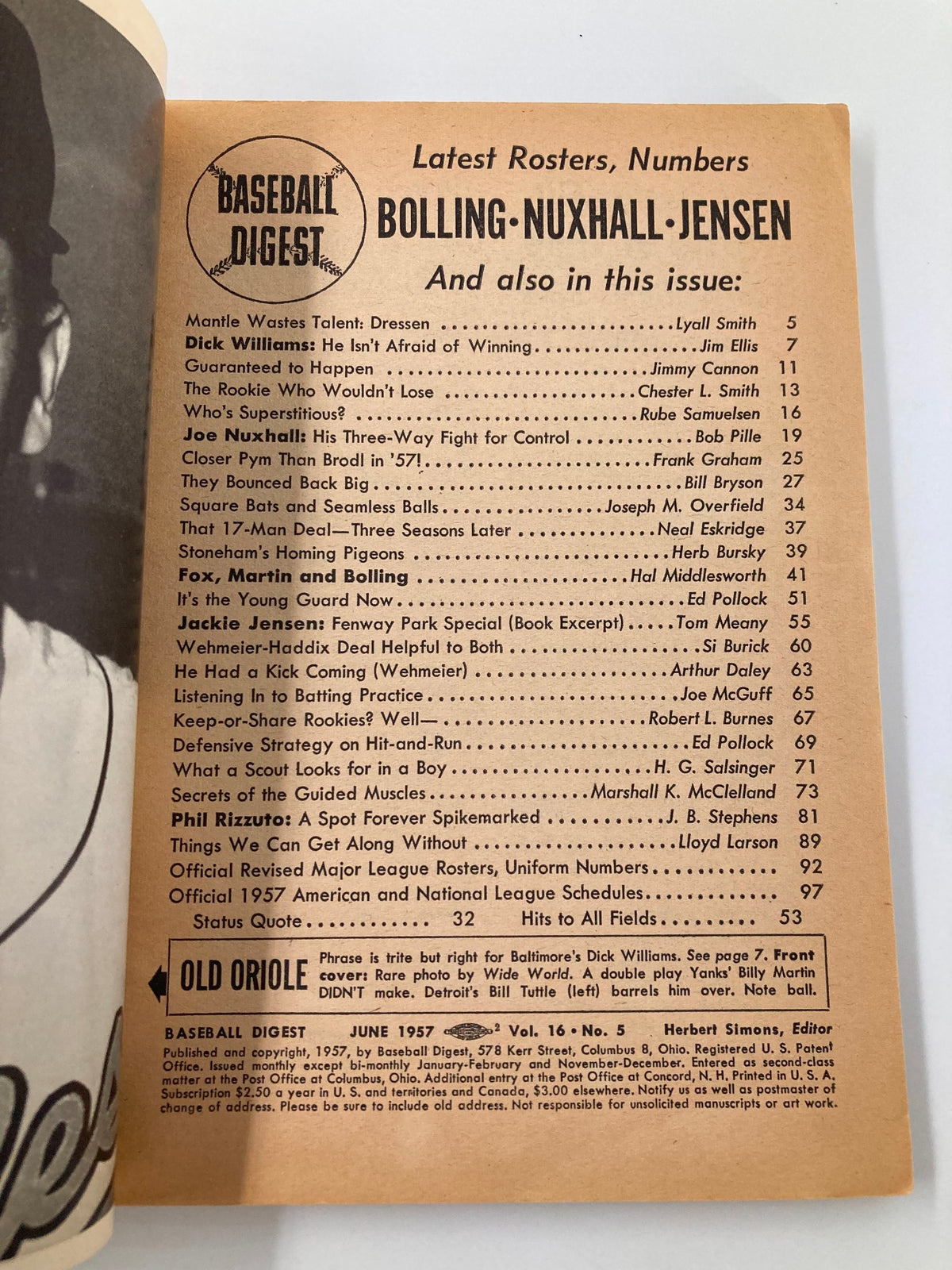 Inside page of VTG Baseball Digest June 1957 displaying latest rosters and article titles, highlighting contributors like Bolling, Nuxhall, and Jensen.