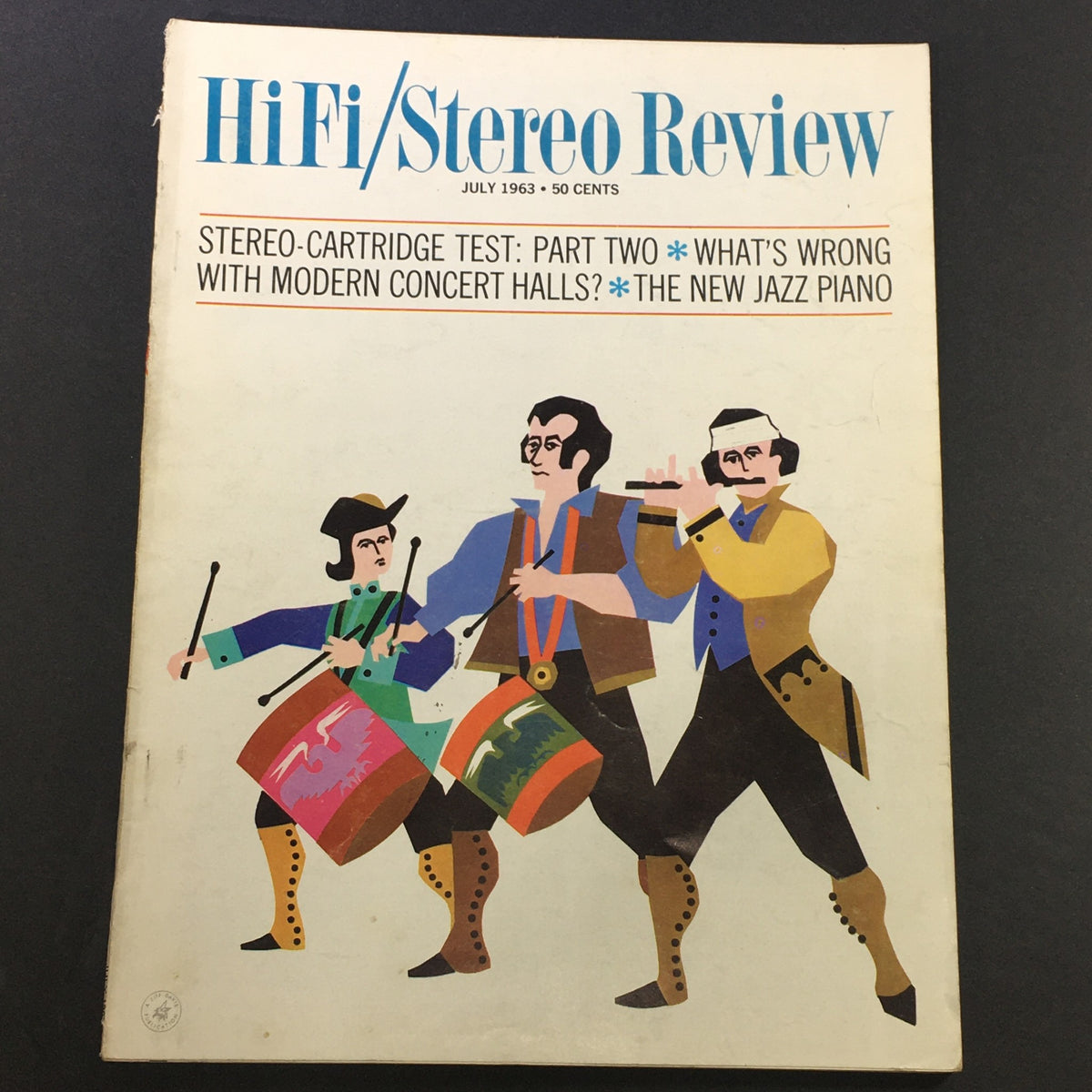 Cover of VTG HiFi Stereo Review Magazine July 1963 featuring illustrations of musicians with drums, highlighting topics like the new jazz piano and sound quality tests.