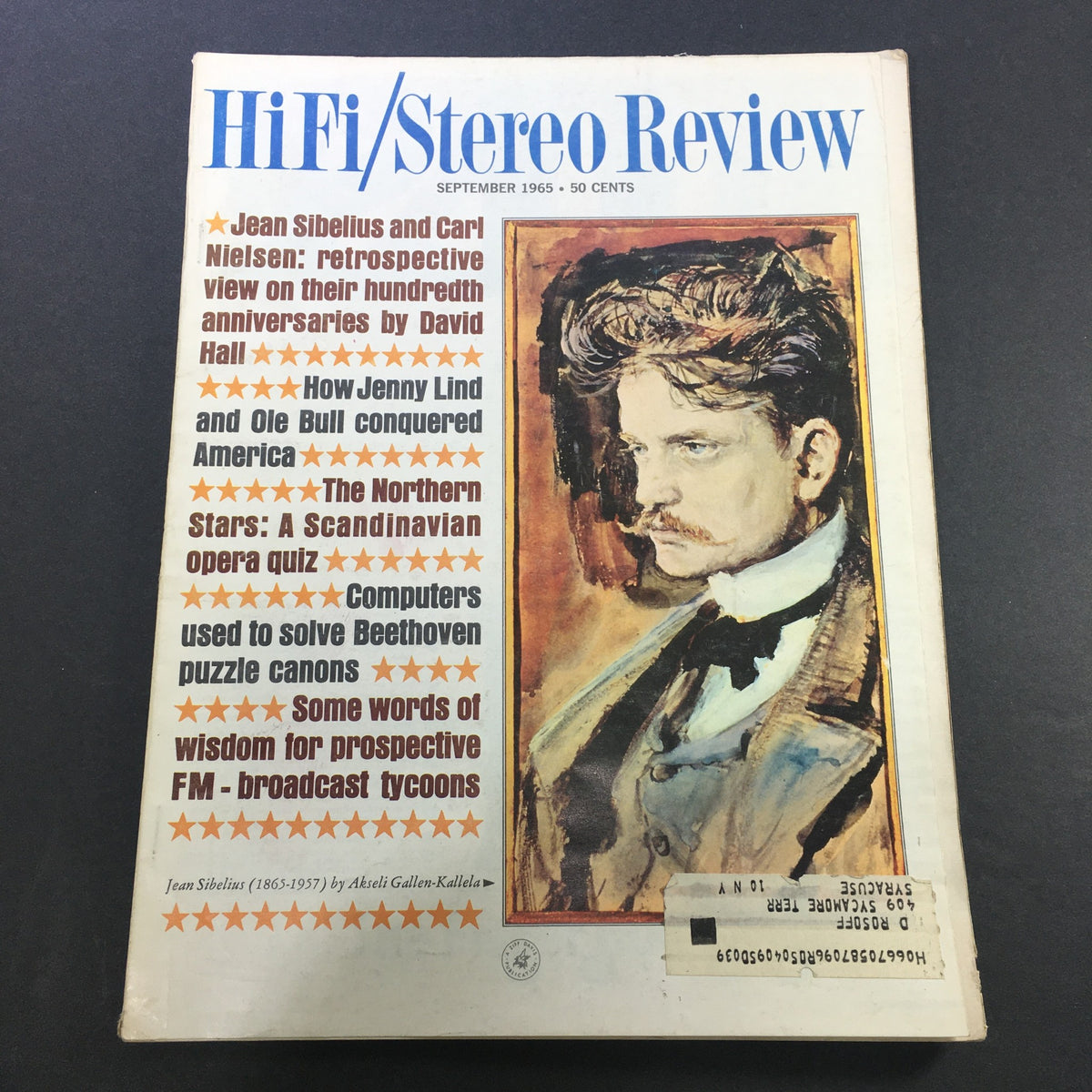 VTG HiFi Stereo Review Magazine September 1965 cover featuring a captivating portrait of composer Jean Sibelius by Akseli Gallen. The magazine includes articles on music history, high-fidelity sound, and audiophile technology.