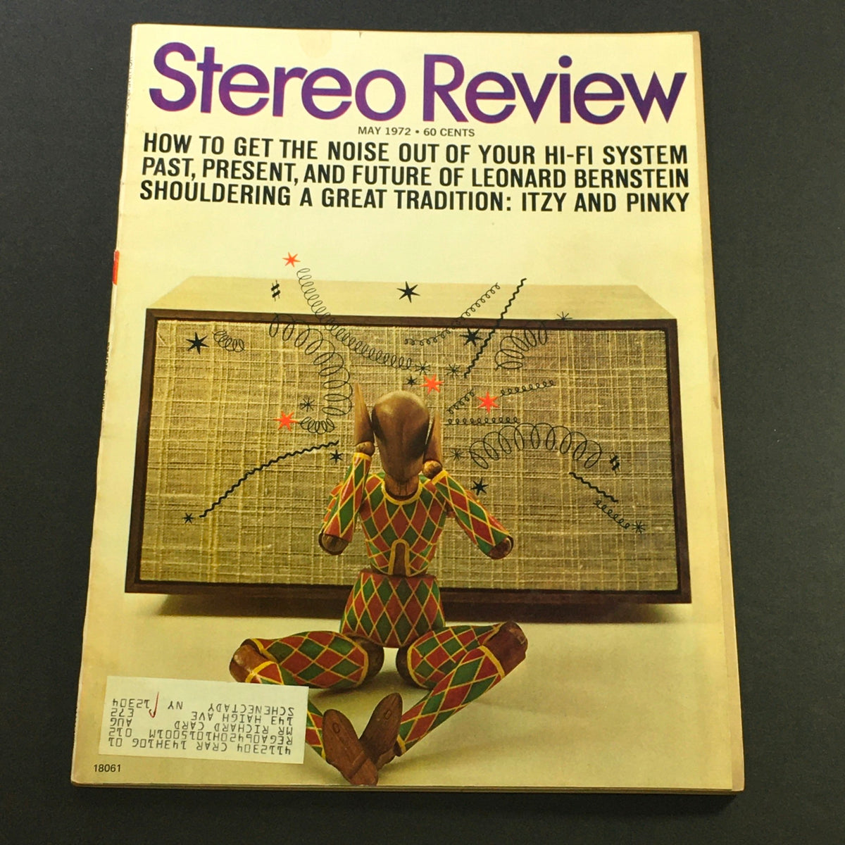 Cover of VTG Stereo Review Magazine from May 1972 featuring Leonard Bernstein and illustrations of Itzy and Pinky, showcasing vintage music culture with vibrant artwork.