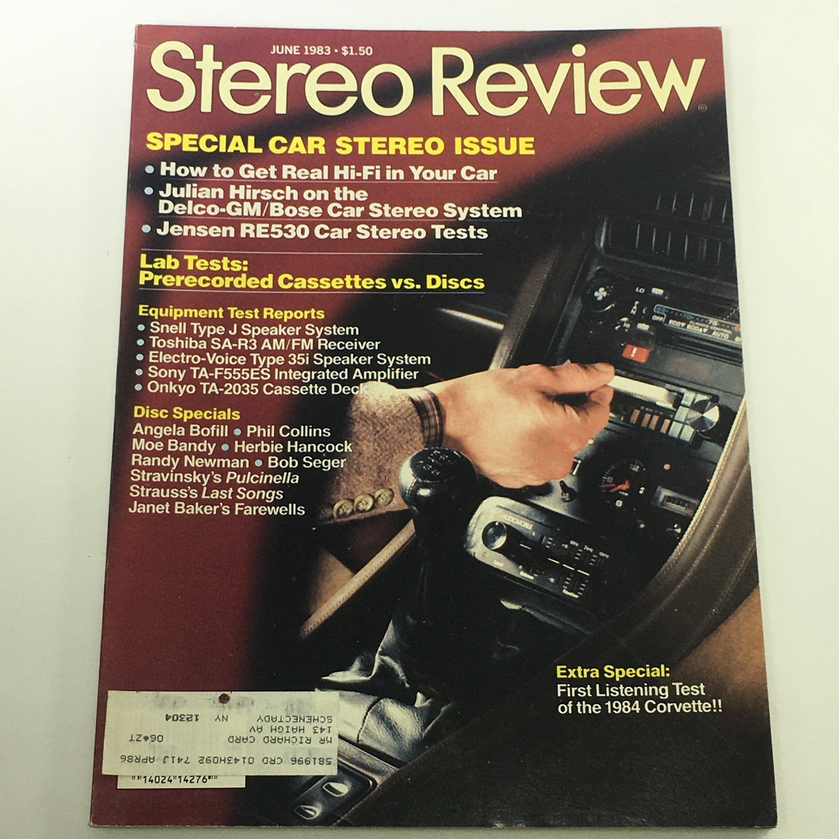 Cover of the VTG Stereo Review Magazine June 1983 featuring Disc Specials with artists Angela Bofill and Phil Collins. The magazine highlights special car stereo issues and includes articles on audio equipment tests.