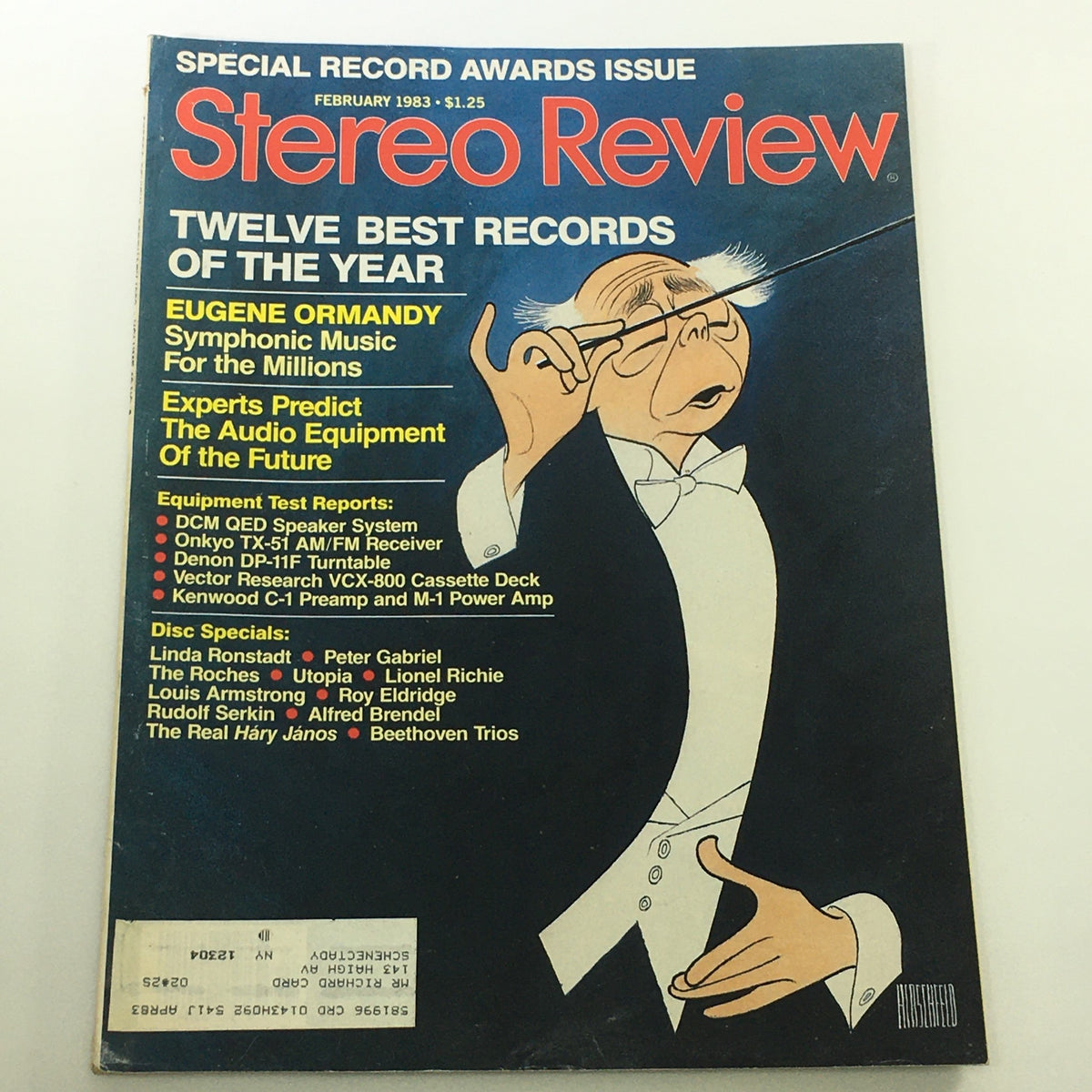 Cover of the Vintage Stereo Review Magazine from February 1983, featuring highlights on Linda Ronstadt and Peter Gabriel, along with articles on top records of the year and audio equipment.
