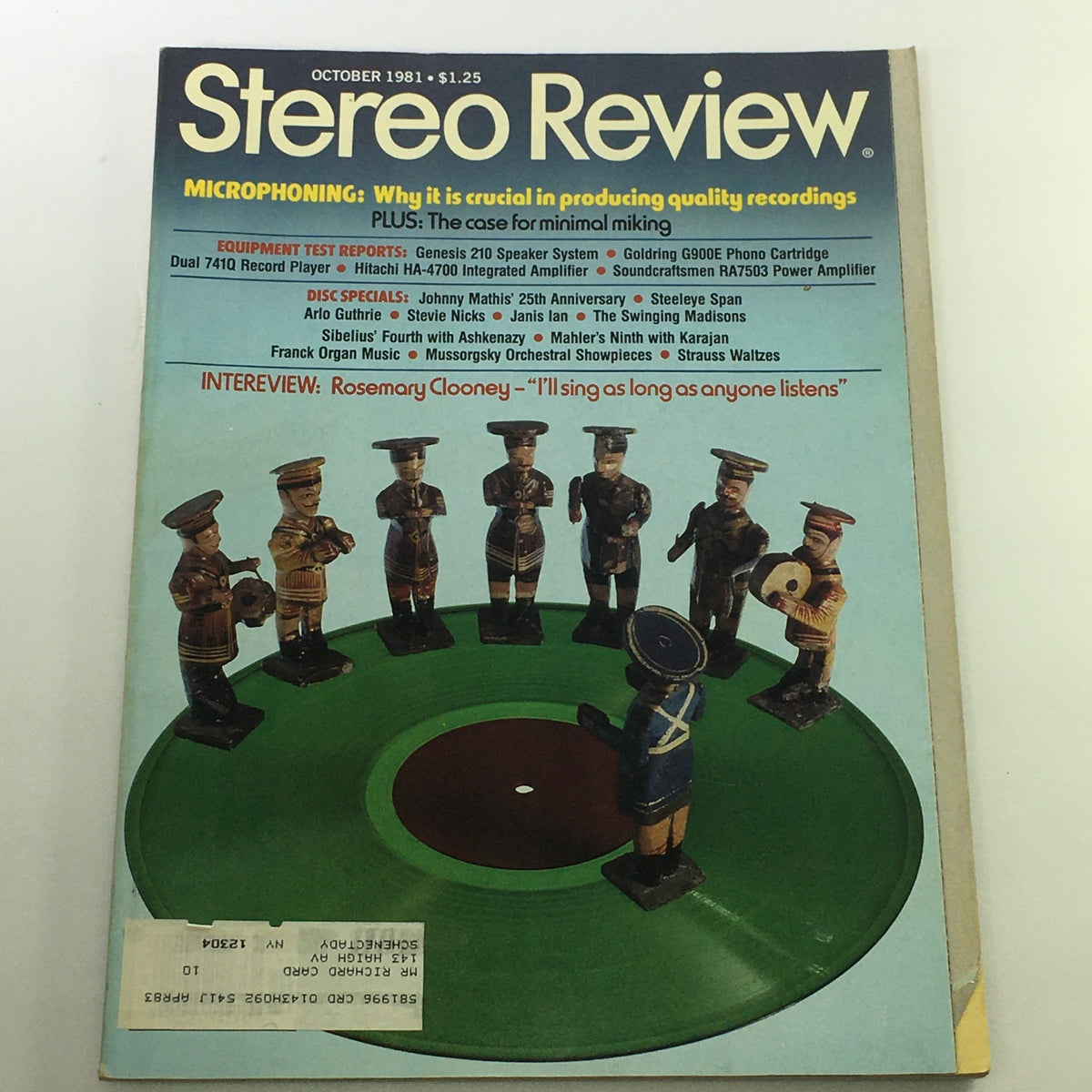 Cover of the October 1981 Stereo Review Magazine featuring Johnny Mathis' 25th Anniversary Discs, displaying unique figurines on a vinyl record and showcasing articles on music and audio equipment.
