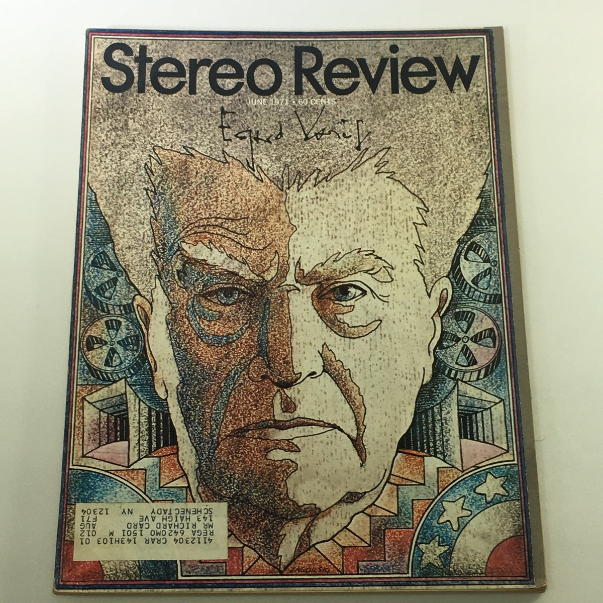 Cover of the VTG Stereo Review Magazine from June 1971 featuring a stylized portrait of Edgard Varèse, highlighting the influence of audio technology and music history during the 1970s.