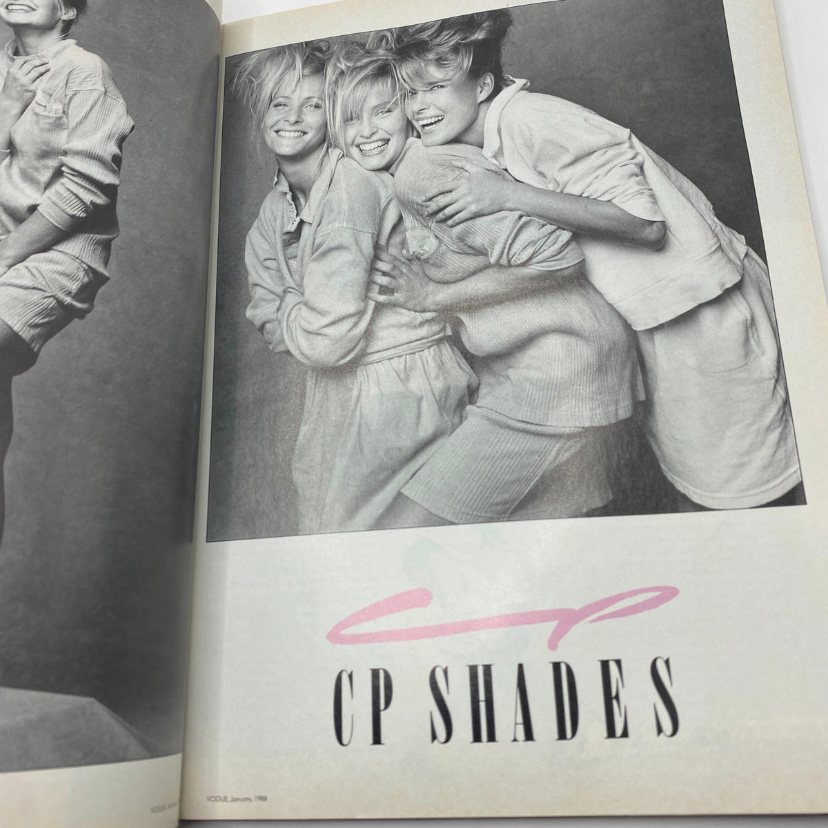 Feature page from VTG Vogue Magazine January 1988 highlighting a fashion editorial titled 'CP Shades,' showcasing models in casual attire and playful poses.
