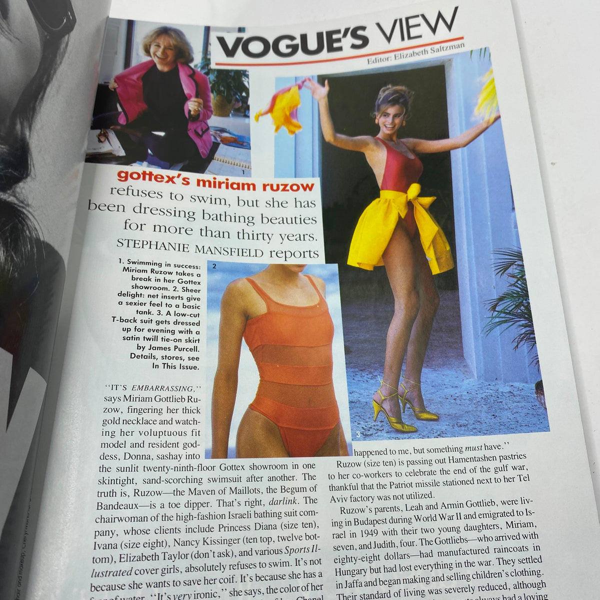 Vogue Magazine June 1991 page featuring designer Gottex's swimwear and Miriam Ruzov, capturing the essence of early 90s fashion and editorial style.