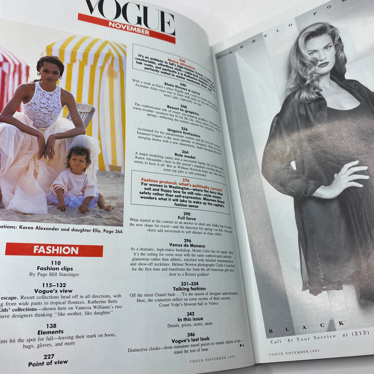 Vogue Magazine November 1991, featuring Claudia Schiffer and Karen Alexander with daughter Ella, showcasing 90s fashion trends.