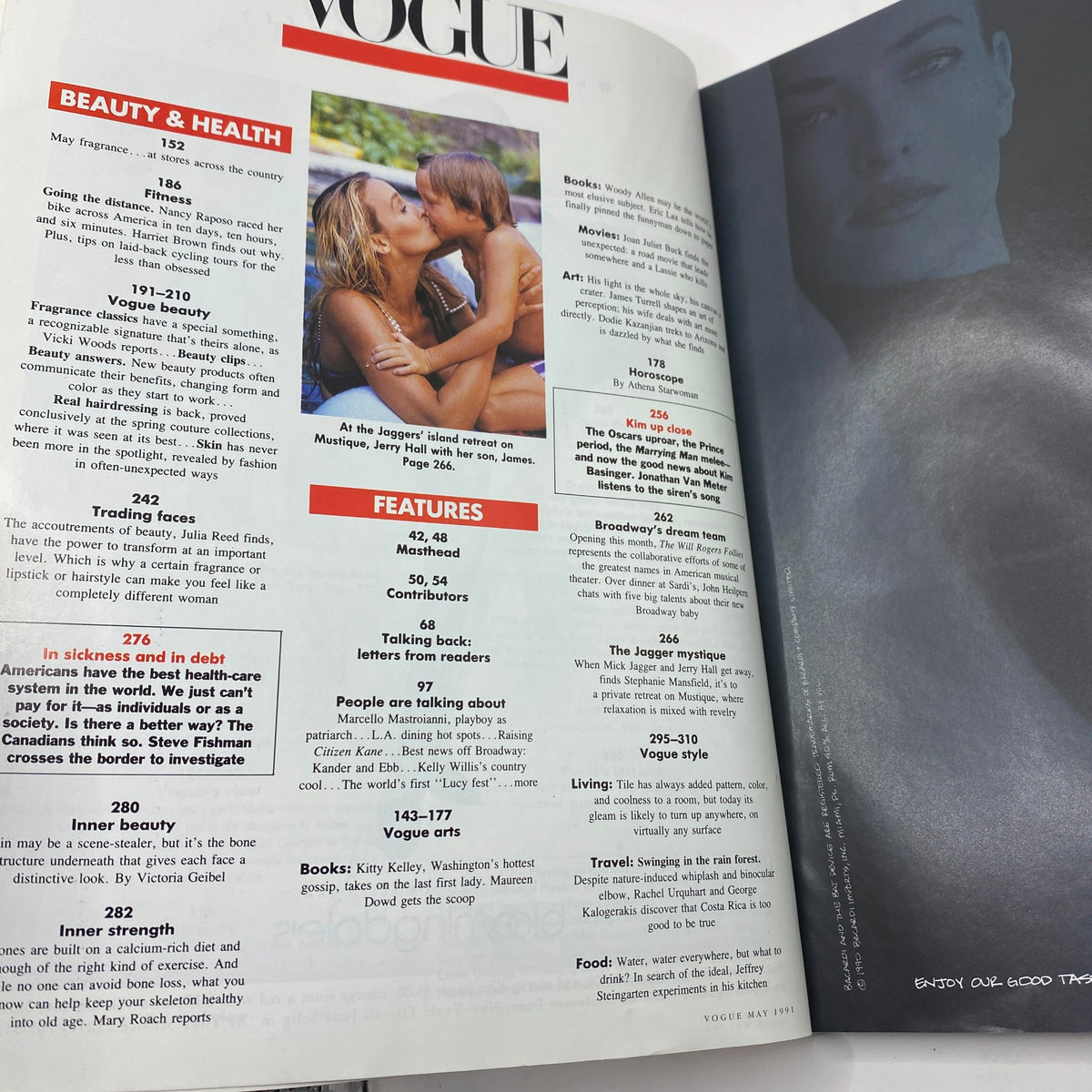 Inside page of Vogue Magazine May 1991, highlighting beauty and health features, including fashionable fitness and fragrance articles.