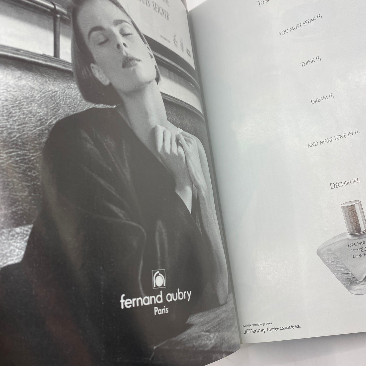 A page from Vogue Magazine May 1991 featuring timeless black and white photography, representing high-fashion advertising.