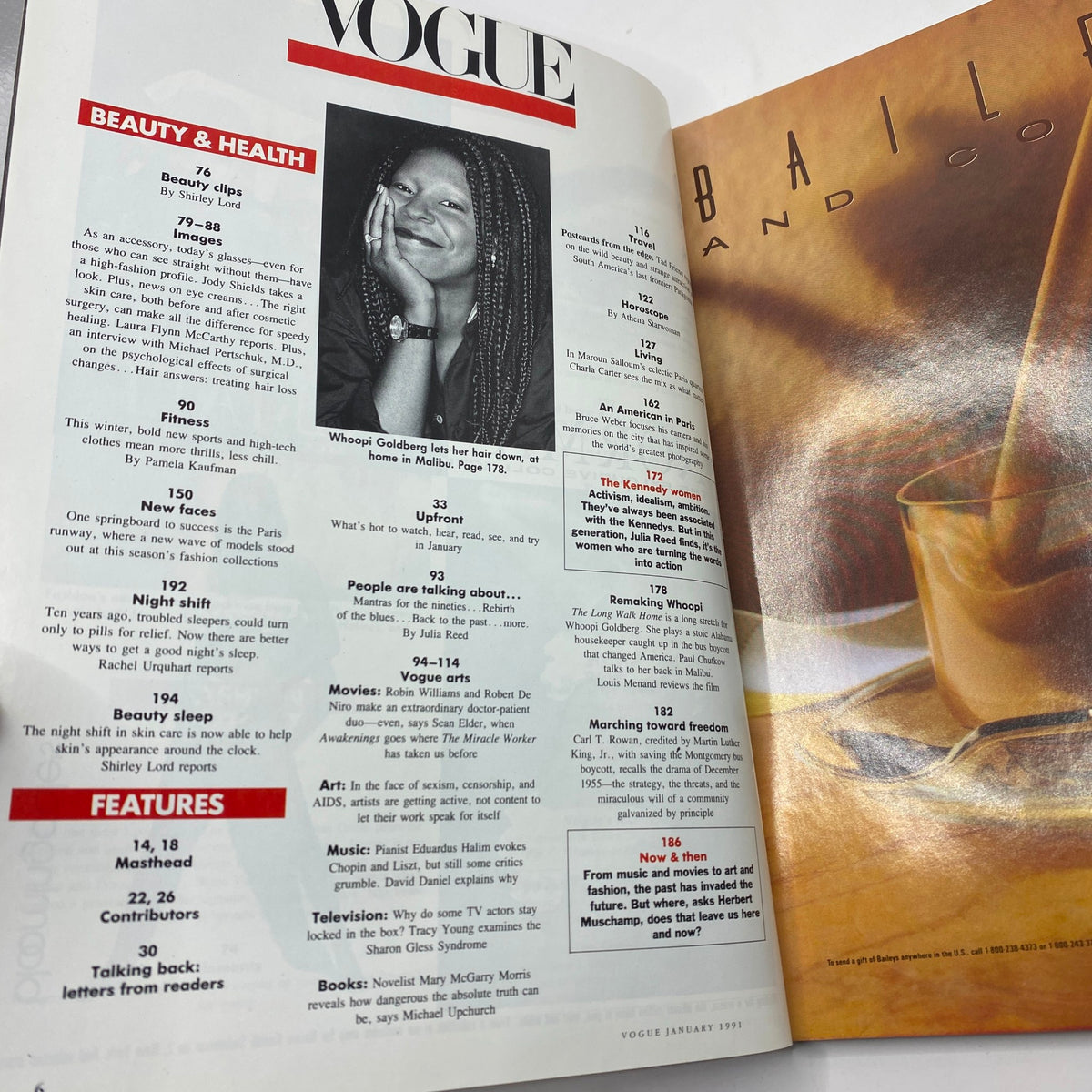 Inside page of Vogue Magazine January 1991 featuring an article on beauty and health with a black and white image of Whoopi Goldberg.