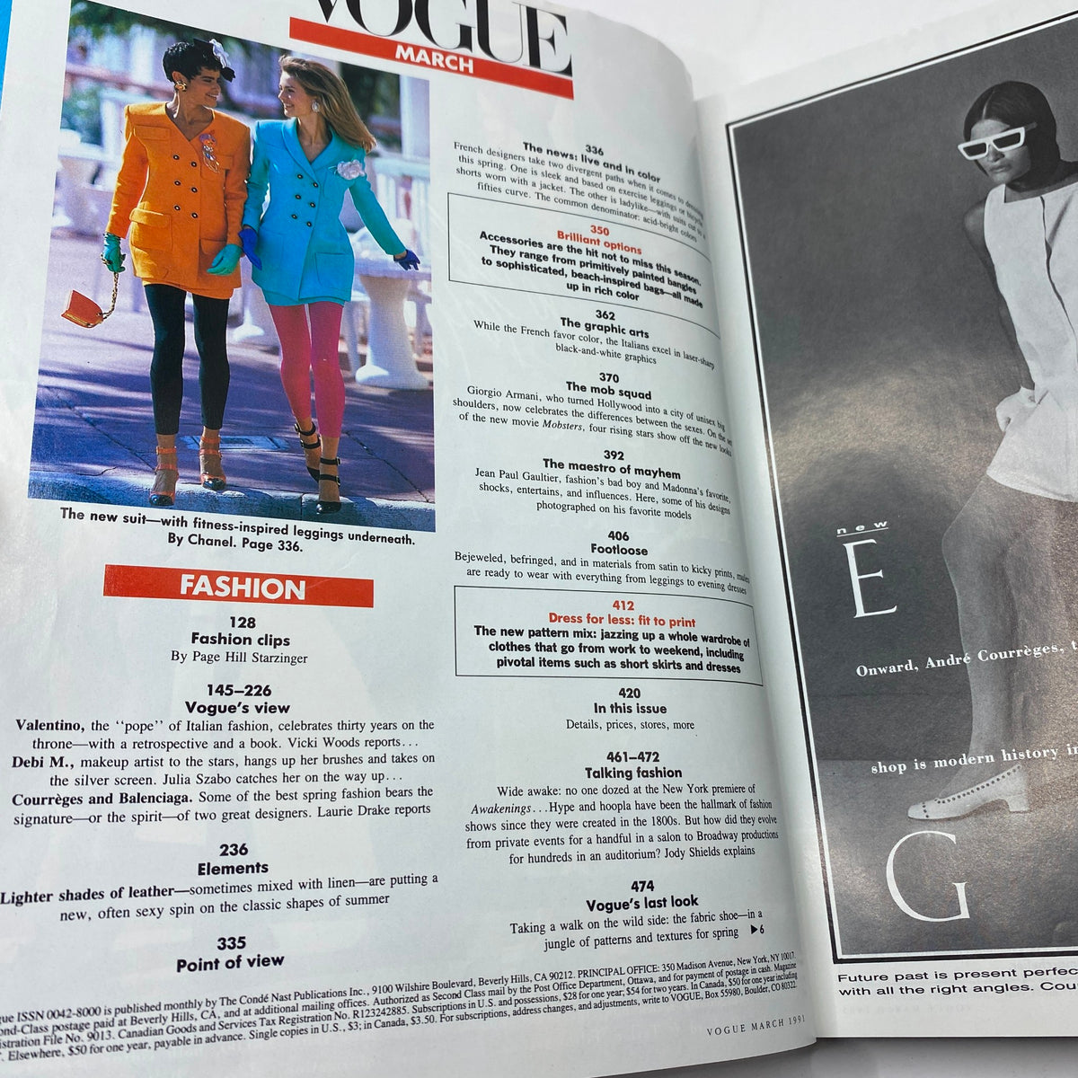 Vogue Magazine March 1991 featuring a fashion spread with models in colorful suits and fitness-inspired leggings, showcasing trendy styles of the 90s.