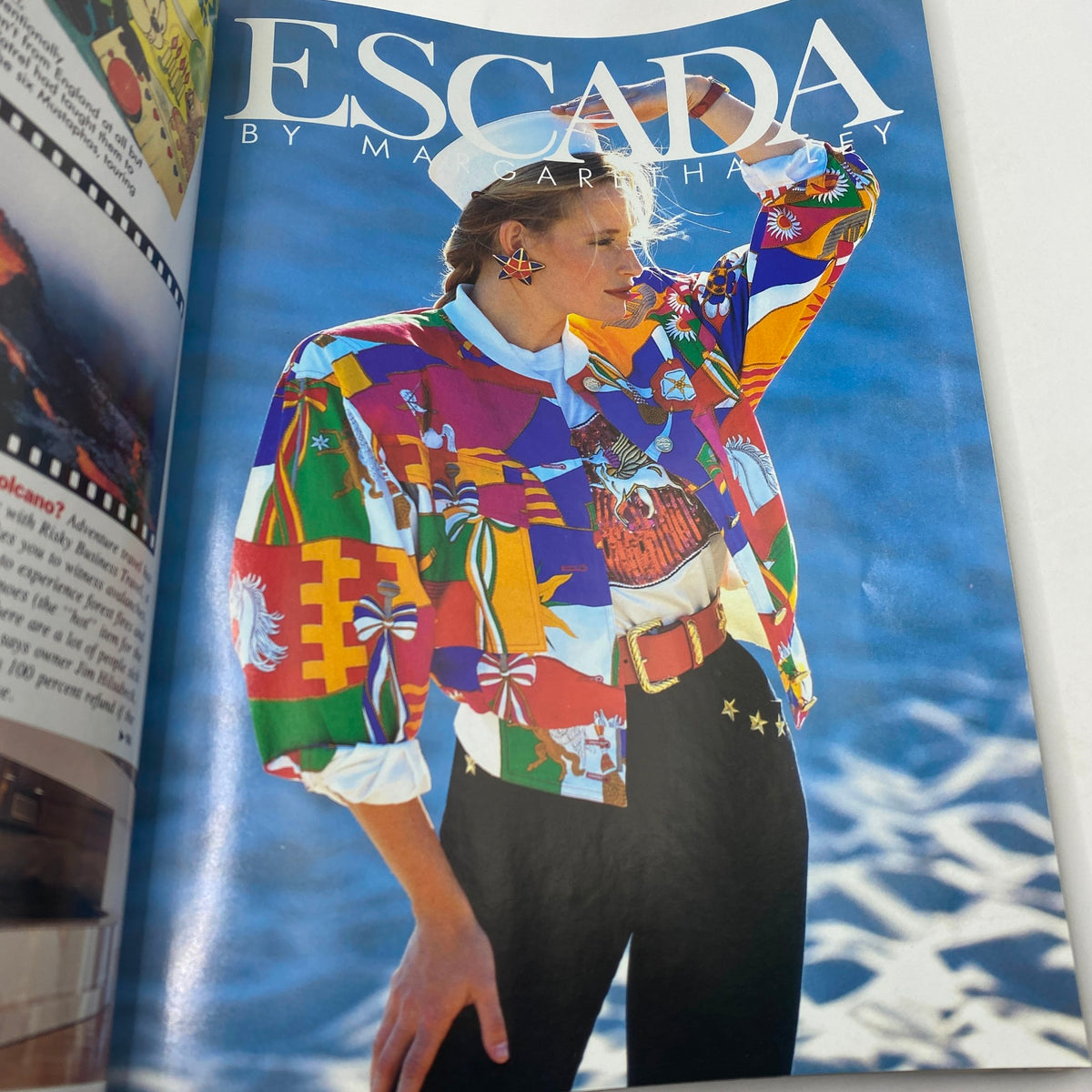 Escada fashion spread from Vogue Magazine April 1991 featuring a model in vibrant, colorful attire set against a beach background.
