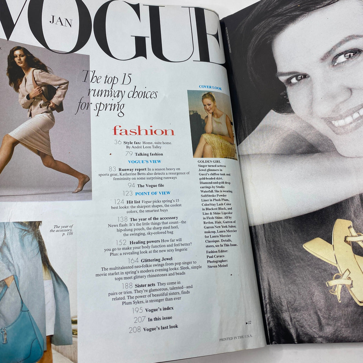 Interior page of Vogue Magazine January 1999, including the section featuring 'The top 15 runway choices for spring', also displaying a photograph of a model and information about the editorial 'Glittering Jewel'.