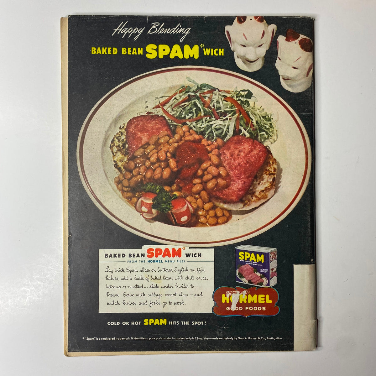 Time Magazine May 13, 1946 Vol 47 No. 19 Queen Wilhelmina cover image featuring an advertisement for Baked Bean SPAM®wich with beans and meat on a plate, alongside decorative figurines in the background.