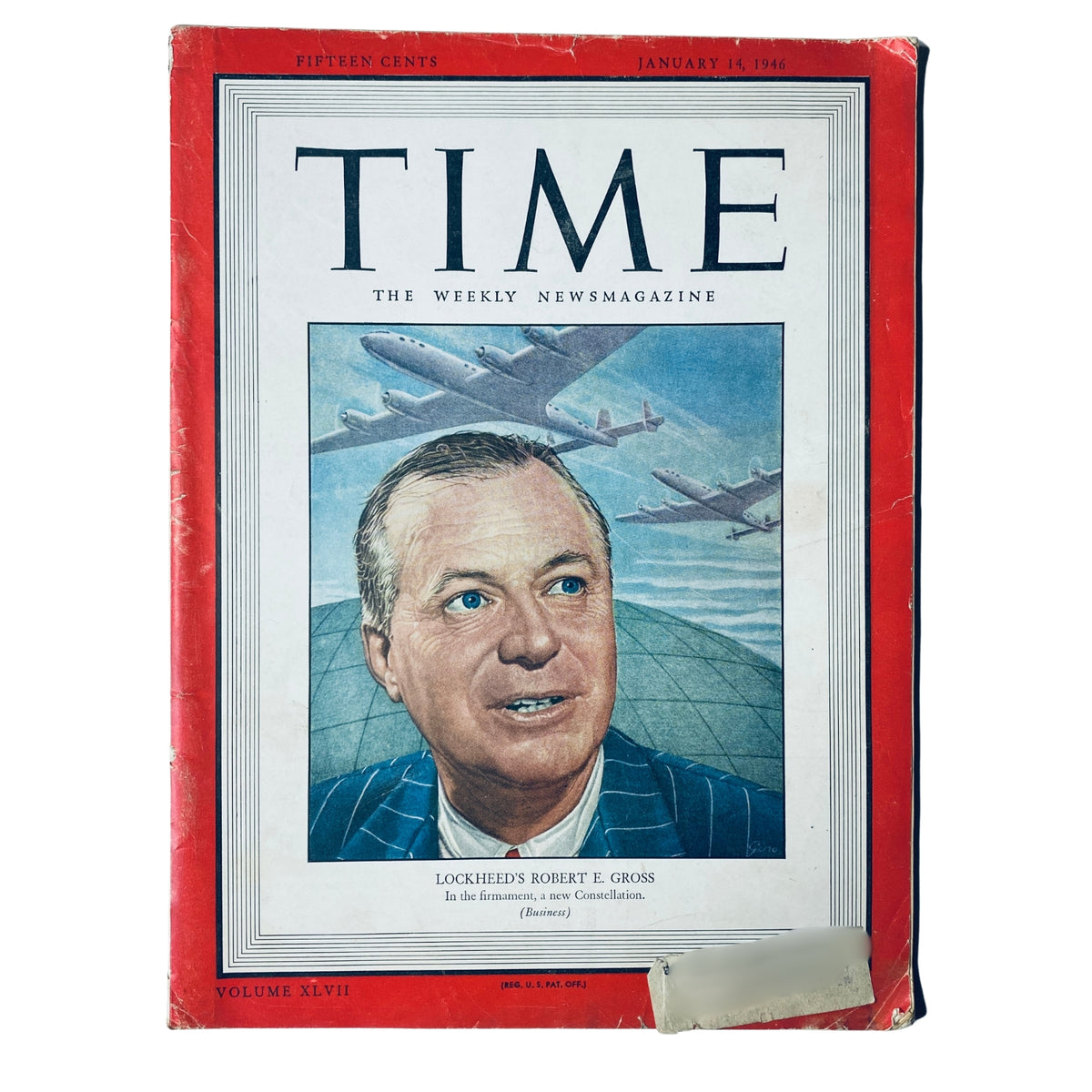 Time Magazine cover from January 14, 1946, Vol. 47 No. 2 featuring Robert E. Gross, president of Lockheed Aircraft, with an illustration of airplanes in the background. Vintage collectible magazine.