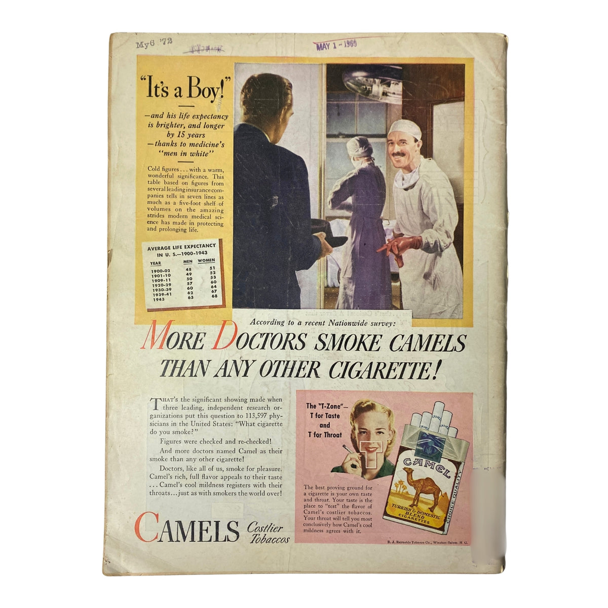 Back cover of a vintage magazine from 1966 with an advertisement for Camels cigarettes, featuring a scene with doctors and discussing life expectancy.