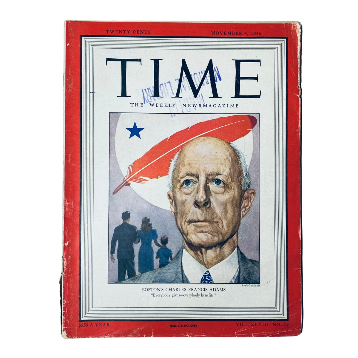 Cover of Time Magazine from November 4, 1946, Vol. 48, No. 19 featuring Charles Francis Adams III, highlighting his contributions and civic leadership with a portrait of him on the front.