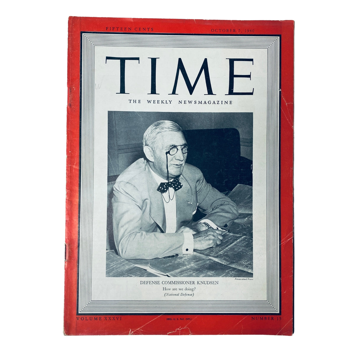 Time Magazine October 7, 1940, Vol. 36, No. 15 featuring Defense Commissioner William S. Knudsen on the cover, highlighting wartime industrial leadership.