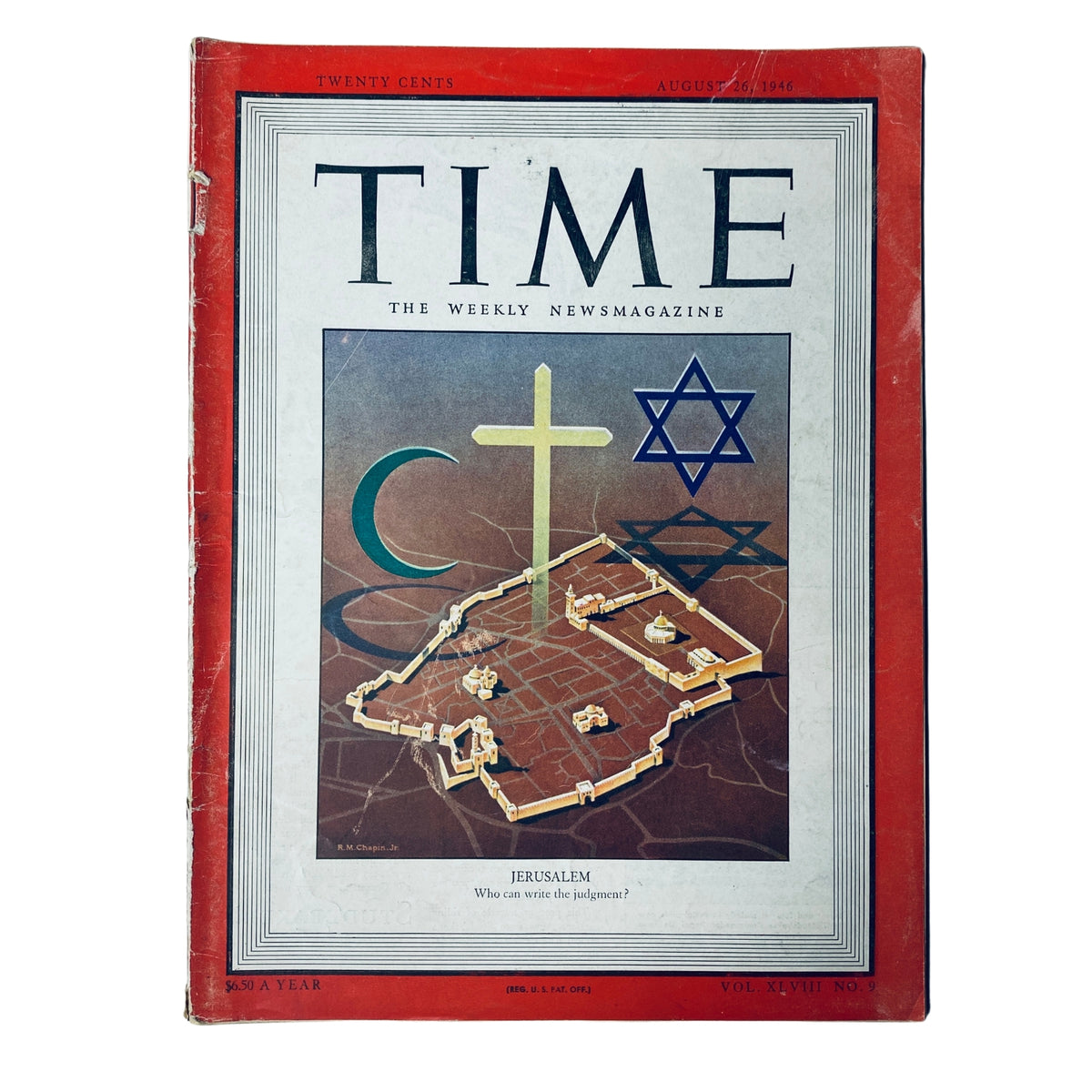 Cover of Time Magazine August 26, 1946, Vol 48 No. 9 featuring an illustration of Jerusalem by R.M. Chapin Jr., highlighting religious symbols including a cross, crescent moon, and Star of David.