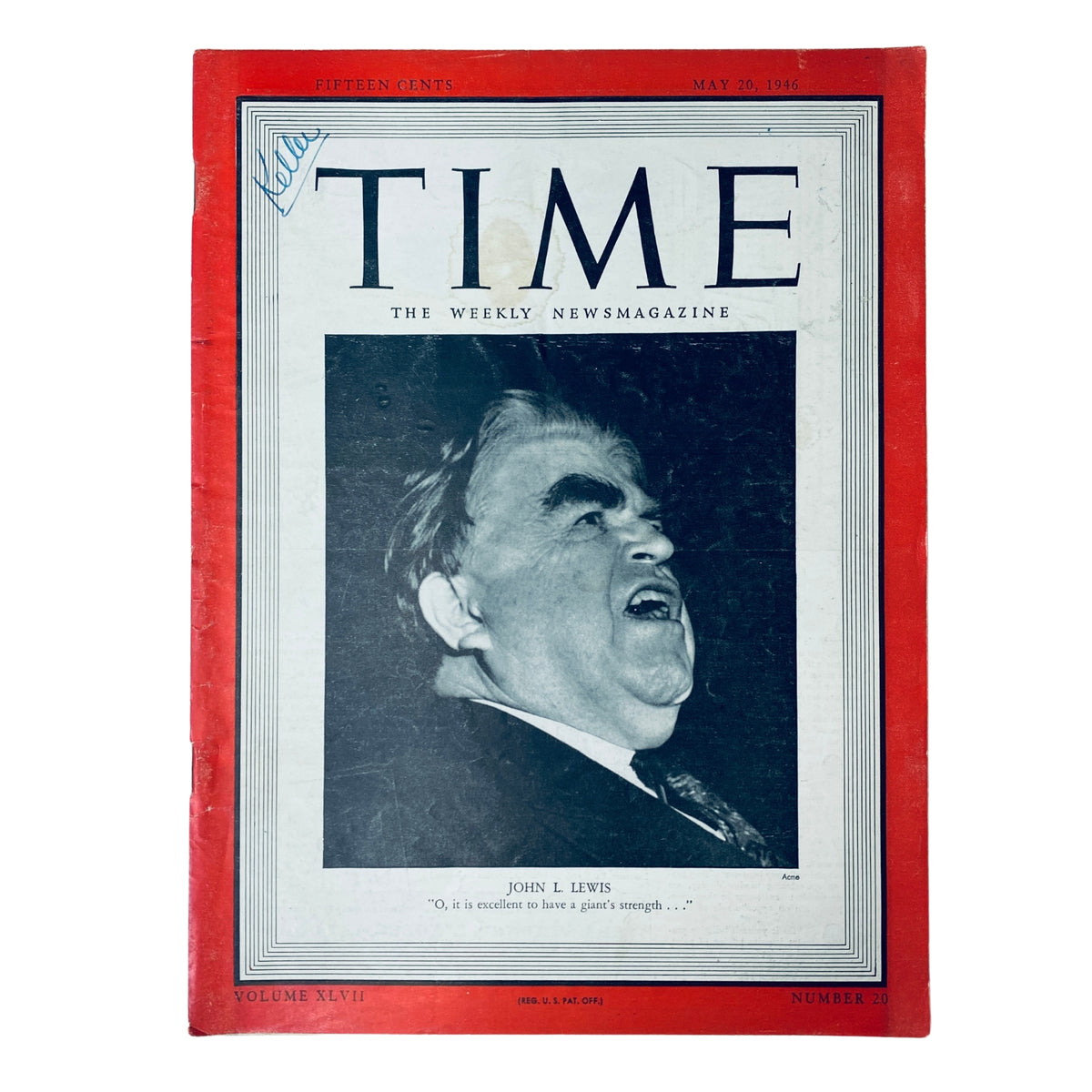 Time Magazine May 20, 1946 Vol 47 No. 20 featuring John L. Lewis on the cover, showcasing a vintage portrait of the influential labor leader.