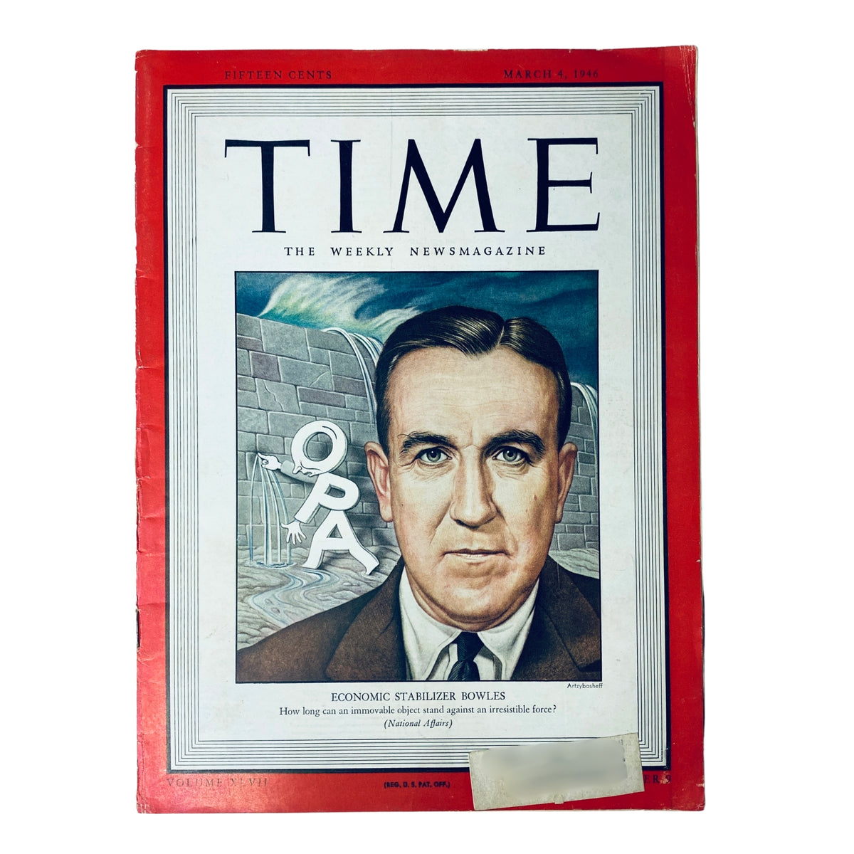 Time Magazine cover from March 4, 1946, featuring Economic Stabilizer Chester Bliss Bowles. The cover includes a dramatic illustration with Bowles' portrait and the words 'OPA' and a question about economic stability.