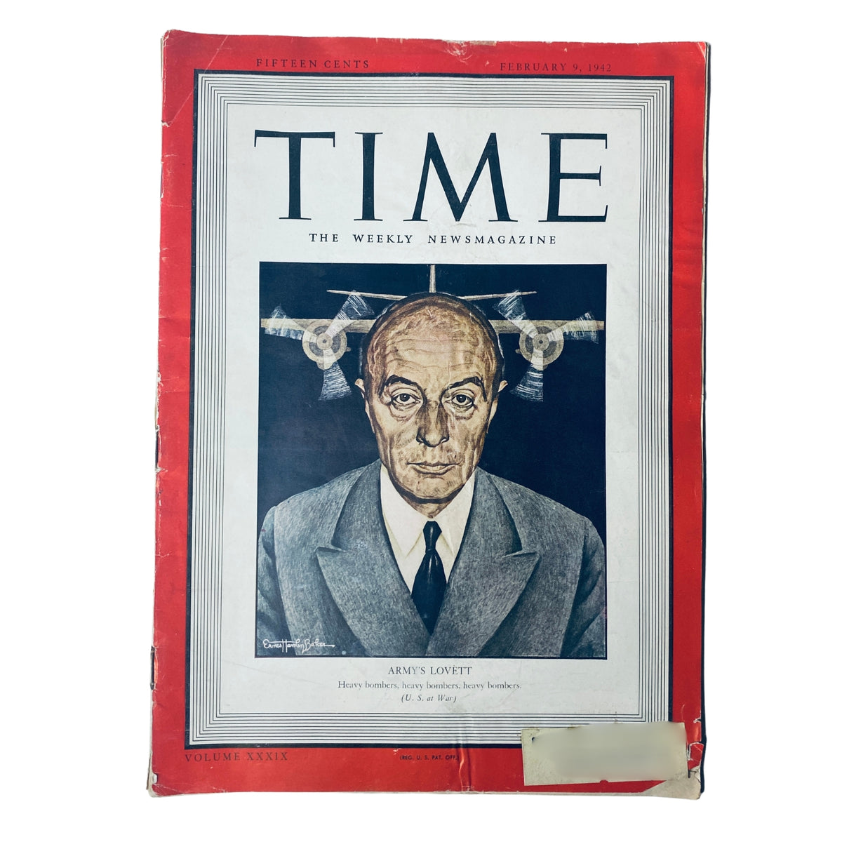 Cover of Time Magazine, February 9, 1942, Vol 39 No. 6 featuring Army's Robert A. Lovett, U.S. Assistant Secretary of War for Air, with an artistic depiction of heavy bombers in the background.