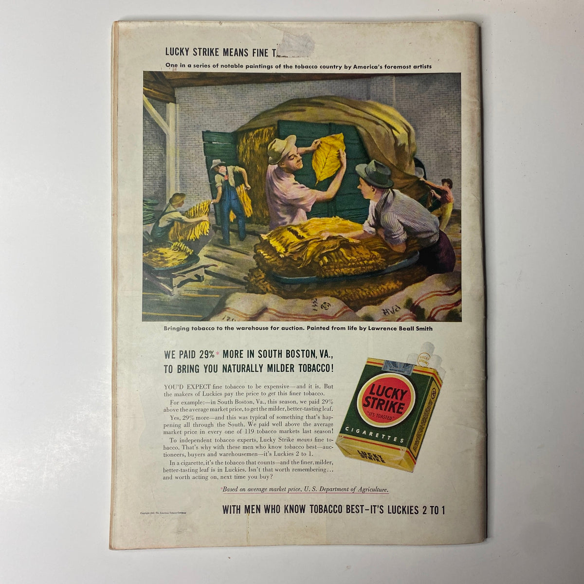 Back cover of Time Magazine from April 13, 1942, featuring a vintage advertisement for Lucky Strike cigarettes with an illustration of tobacco harvesting.