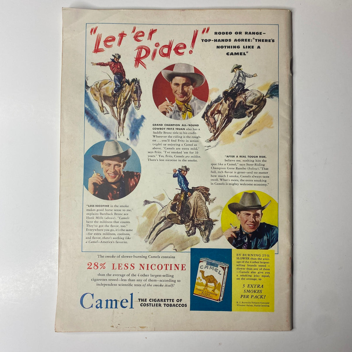 Vintage advertisement from the back cover of Time Magazine, promoting Camel cigarettes with the slogan 'Let 'er Ride!', featuring cowboys and rodeo themes.