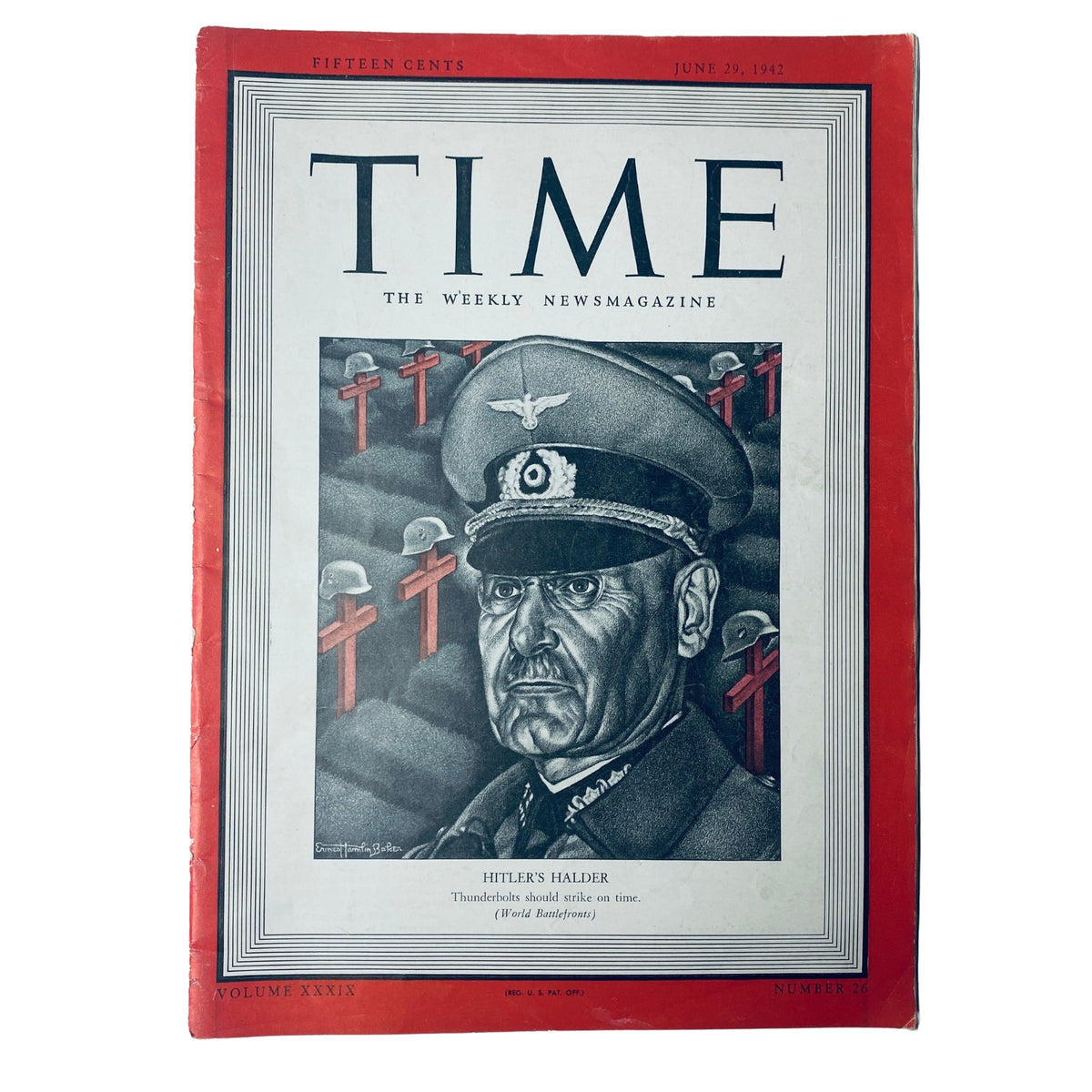 Cover of Time Magazine dated June 29, 1942, Vol. 39 No. 26, featuring a portrait of General Franz Halder, a prominent figure in World War II, surrounded by symbols suggesting military campaigns.