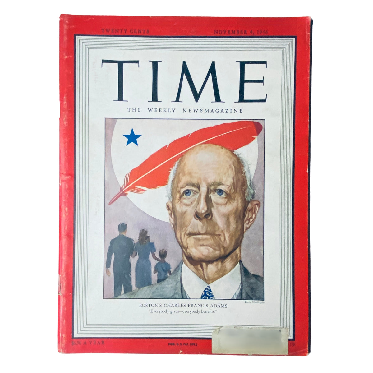 Time Magazine November 4, 1946, Vol 48 No. 19 featuring Boston's Charles Francis Adams on the cover, showcasing a portrait of Adams with a historical background.
