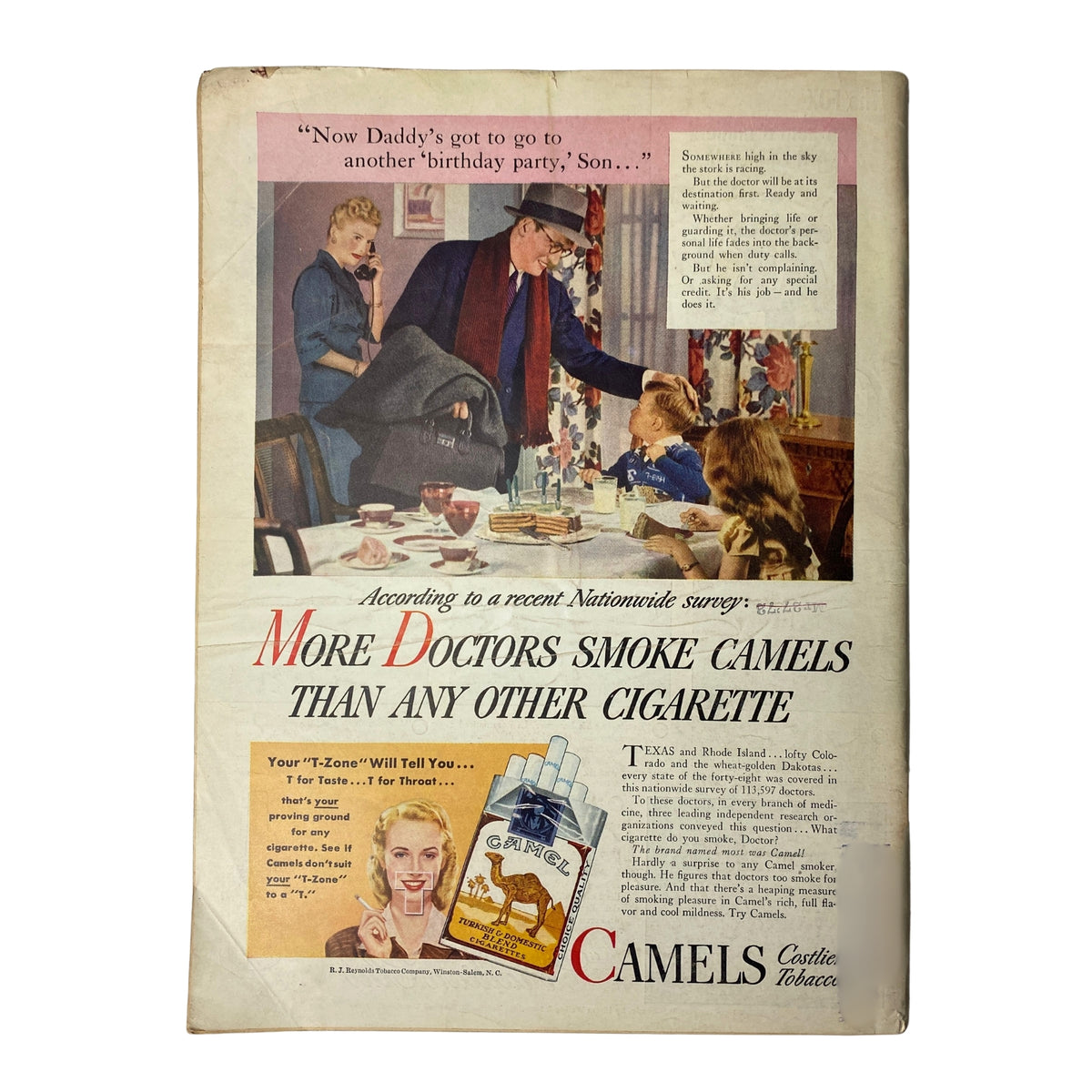 Back cover of Time Magazine, October 21, 1946, showcasing a vintage advertisement for Camel cigarettes with a scene of a family at a birthday party.