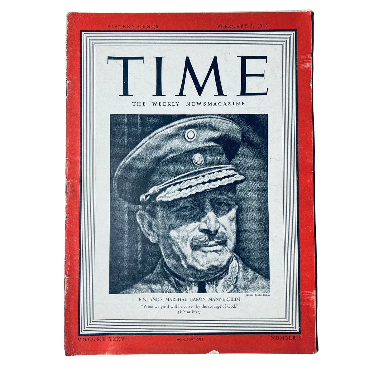 Cover of Time Magazine dated February 5, 1940, Volume 35, Number 6, featuring Finland's Marshal Baron Carl Mannerheim with a quote about World War.