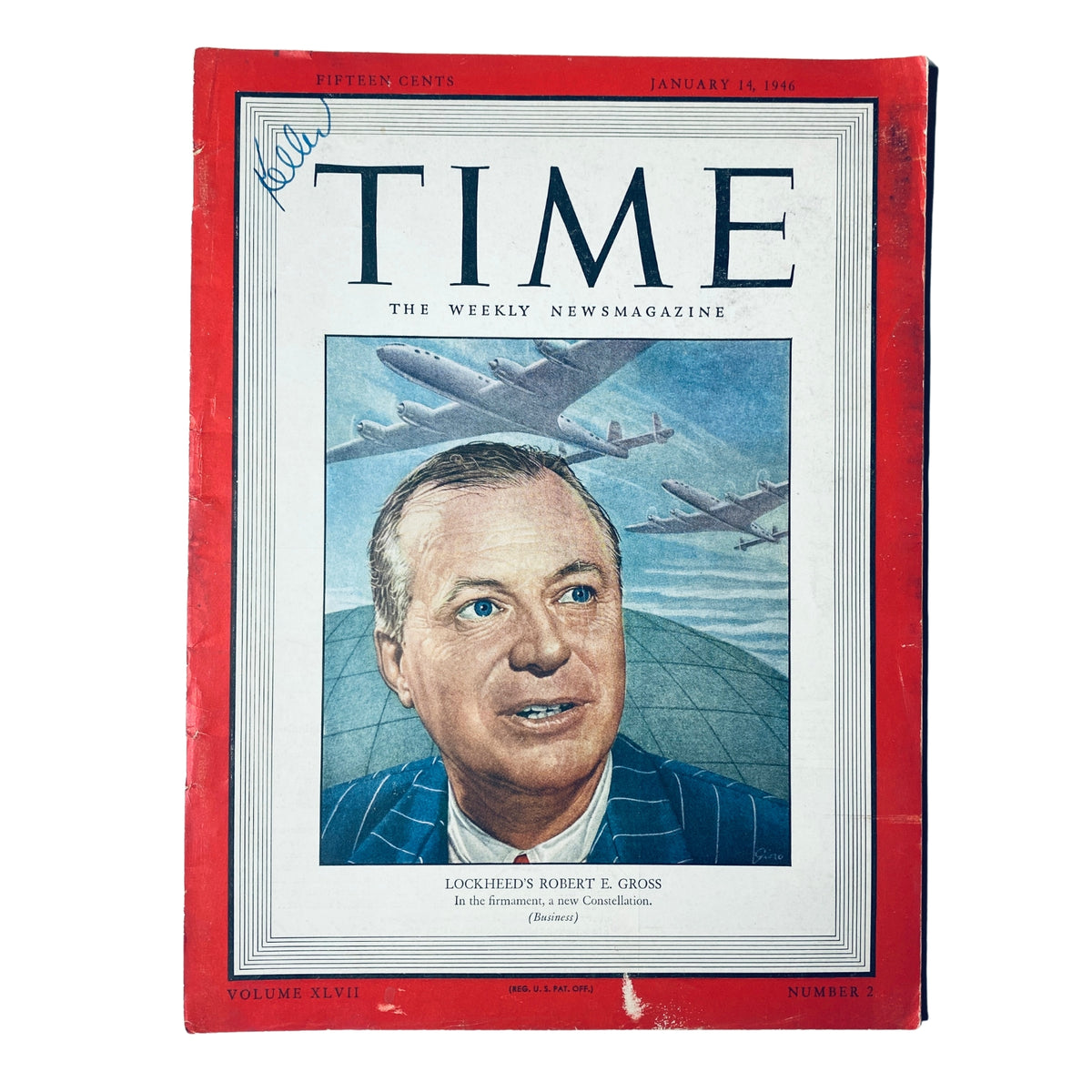 Cover of Time Magazine from January 14, 1946, Volume 47, Number 2 featuring Lockheed's Robert E. Gross, showcasing the aviation theme with aircraft illustrations.