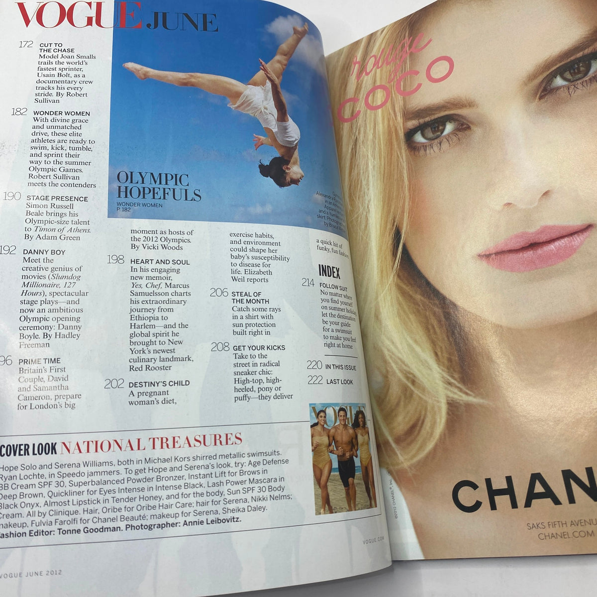 Interior page from Vogue Magazine June 2012 showing the table of contents with features including Olympic hopefuls and highlights of fashion.