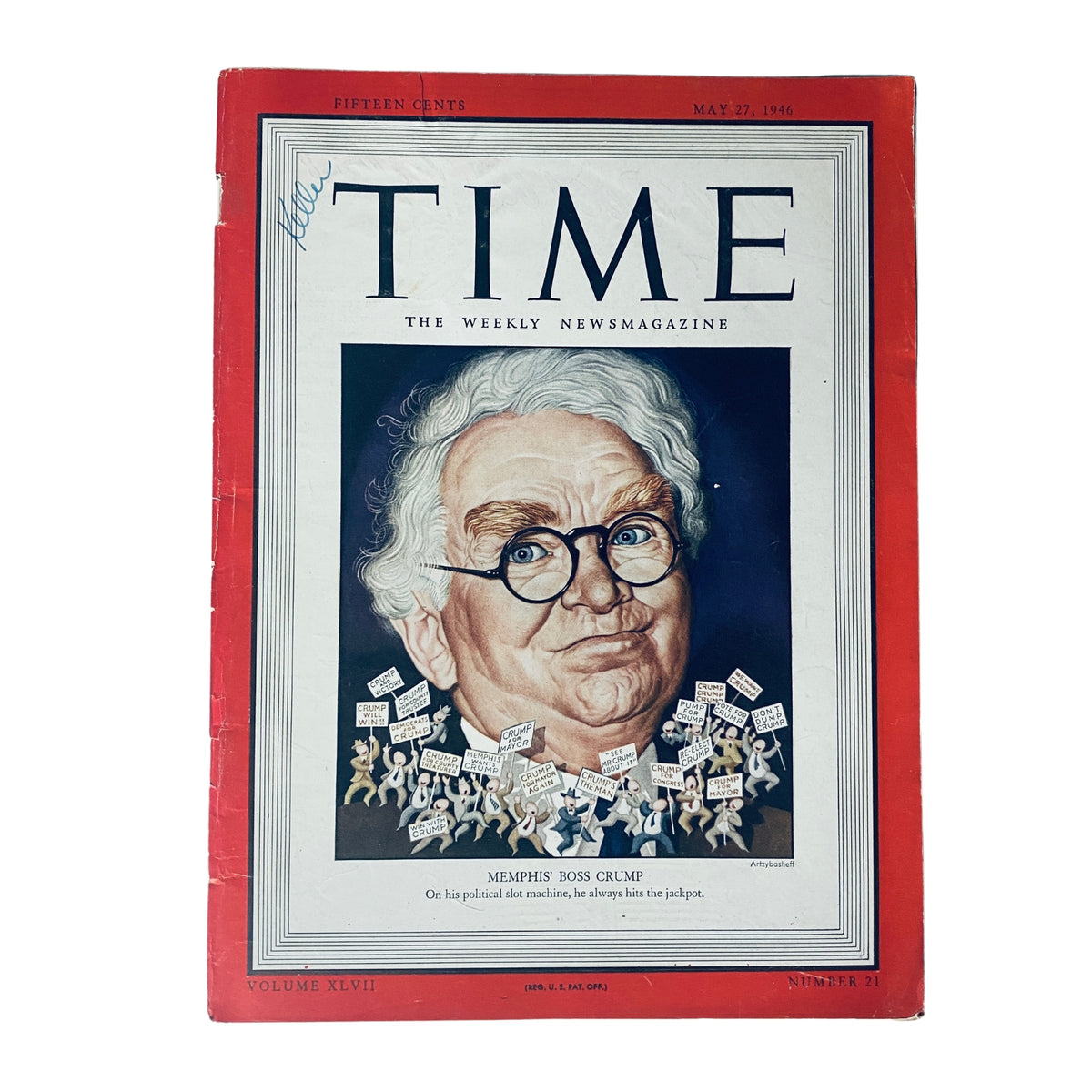 Time Magazine cover from May 27, 1946, Vol 47 No. 21 featuring Edward H. Crump, depicting a caricature of the political figure surrounded by miniature figures holding protest signs.