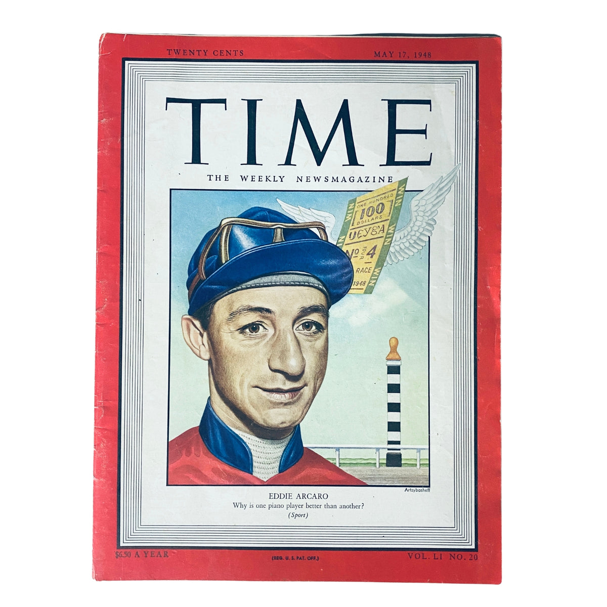 Time Magazine cover from May 17, 1948, Volume 51, No. 20 featuring jockey Eddie Arcaro, showcasing a colorful illustration of Arcaro in racing attire, with a racecourse and the magazine title prominently displayed.